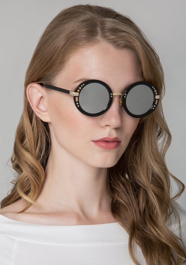 Black Round Embellished Mirror Sunglasses