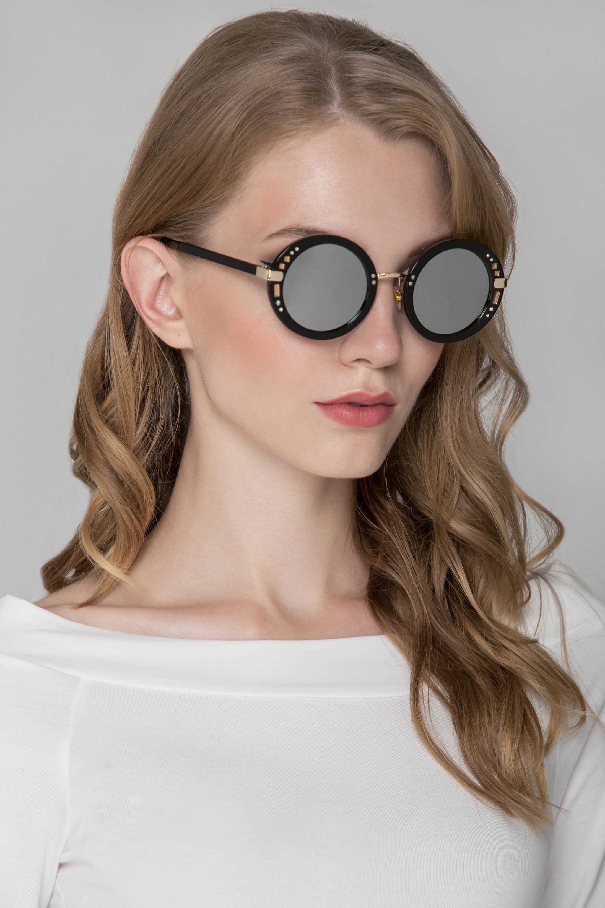 Black Round Embellished Mirror Sunglasses