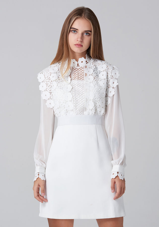 White Crochet Top Sheer Sleeve Mini Dress