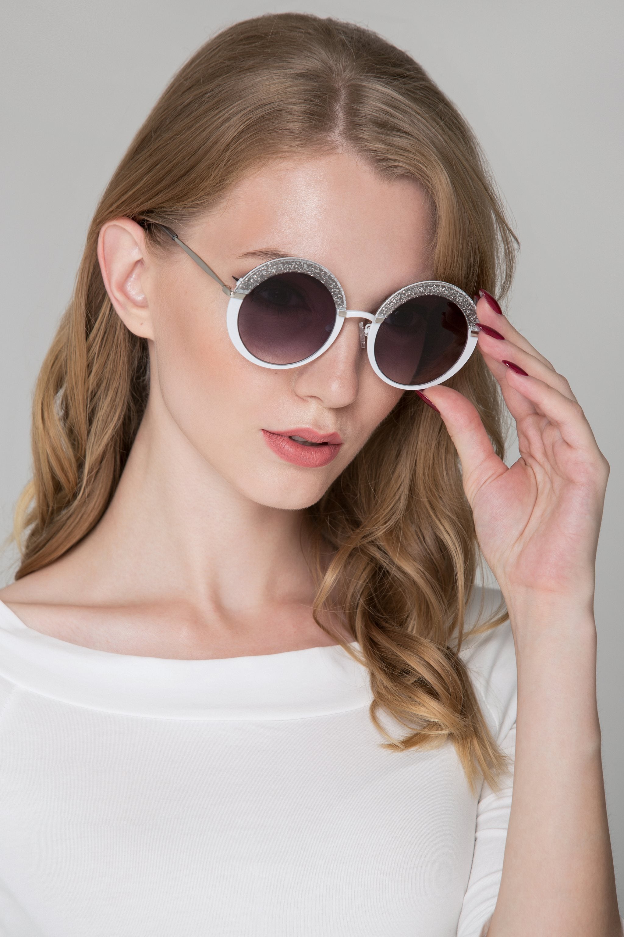 White Glitter Top Rim Round Sunglassess