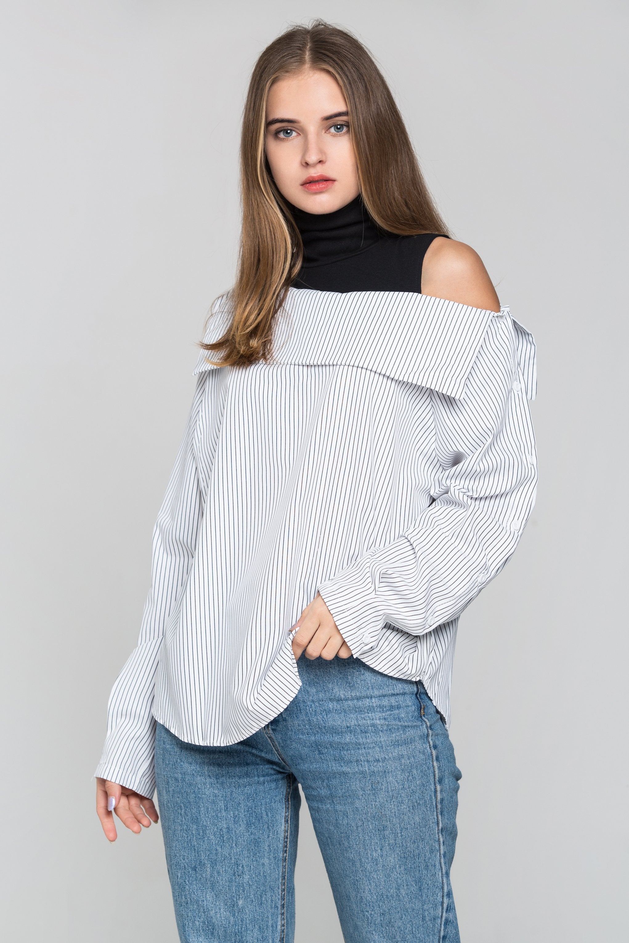 Black Stripe and Turtle Neck Button Sleeve Top