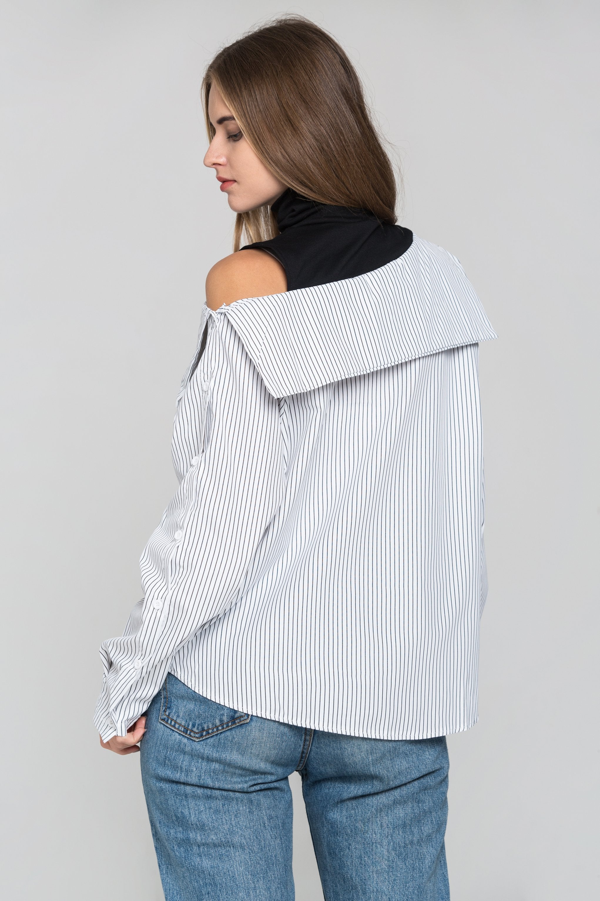 Black Stripe and Turtle Neck Button Sleeve Top