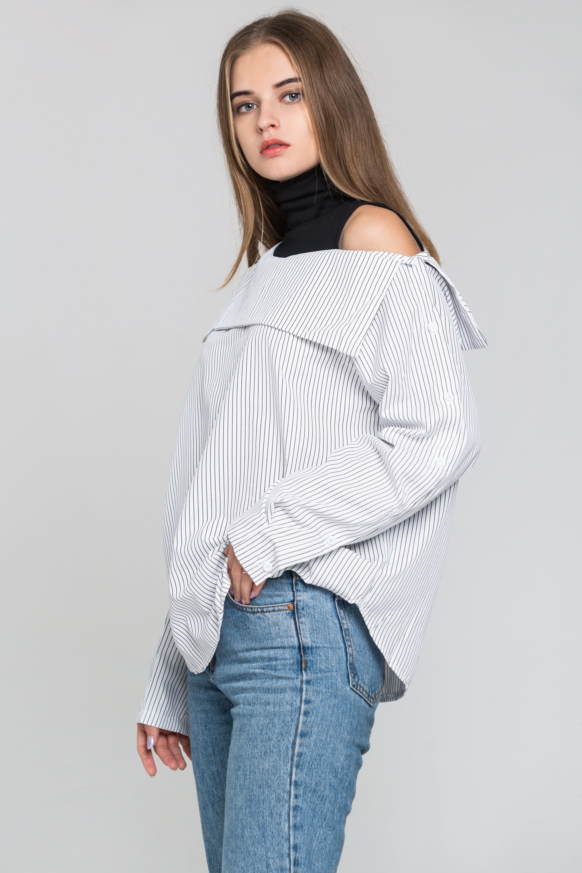 Black Stripe and Turtle Neck Button Sleeve Top