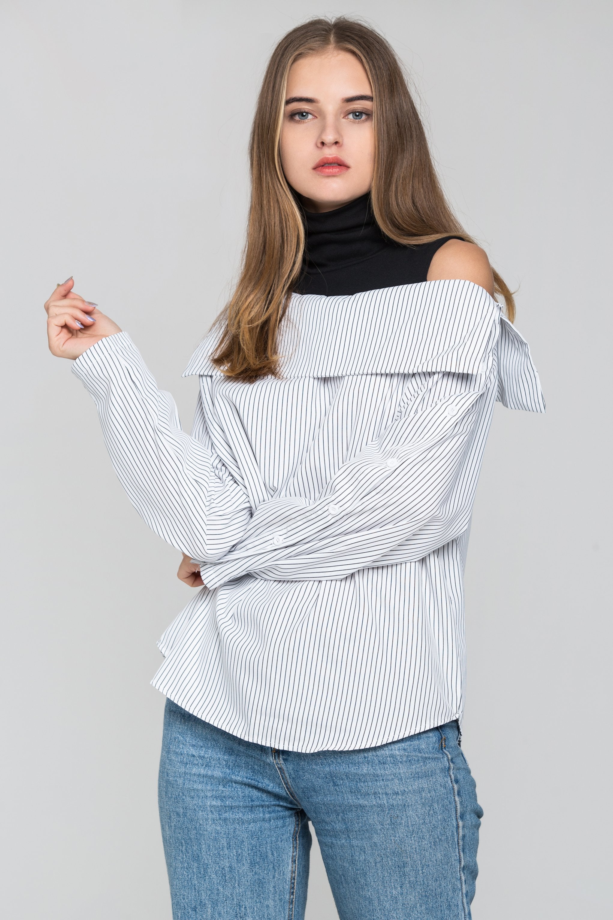 Black Stripe and Turtle Neck Button Sleeve Top