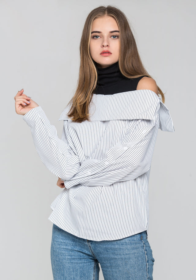 Black Stripe and Turtle Neck Button Sleeve Top