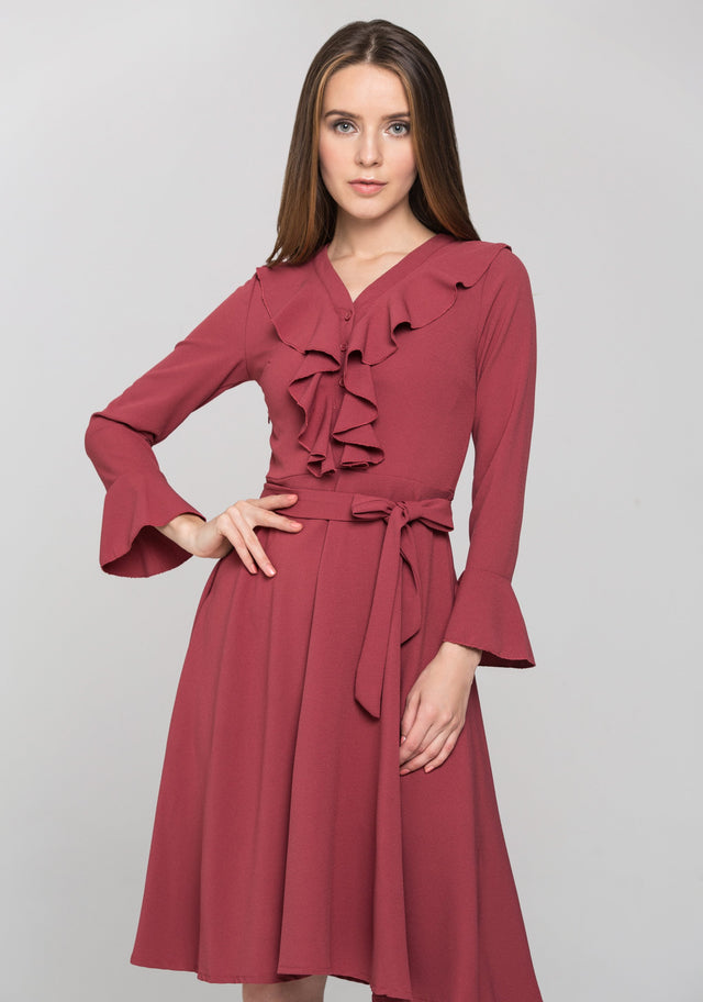 Brick Red Ruffled Gabot Midi Dress