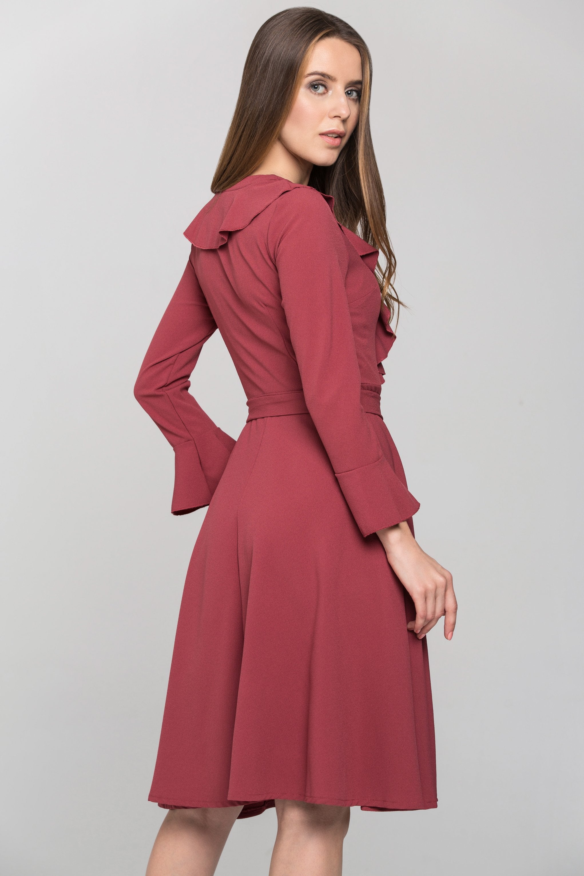 Brick Red Ruffled Gabot Midi Dress