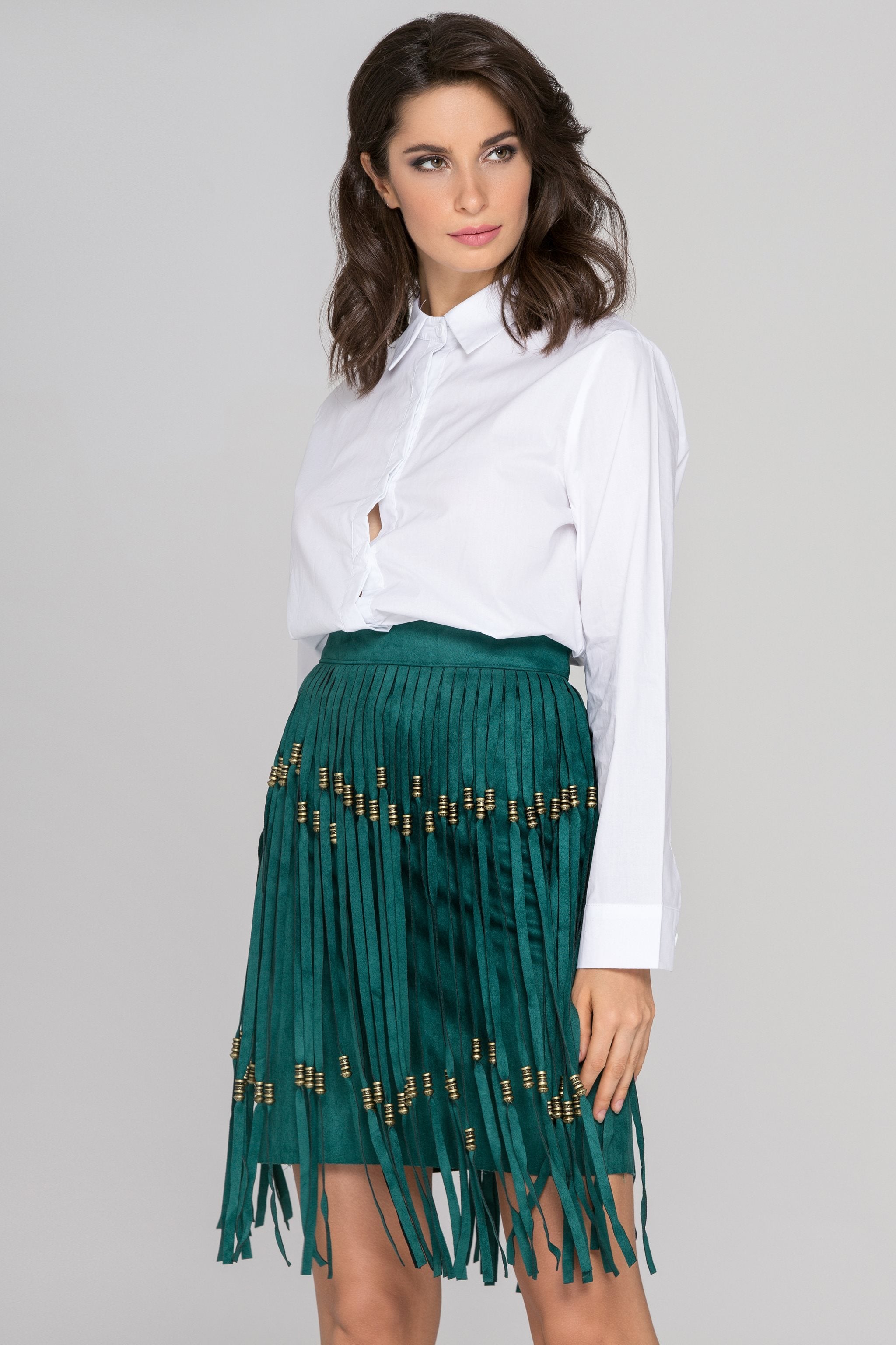 Green Suede Tassel Pencil Mini Skirt
