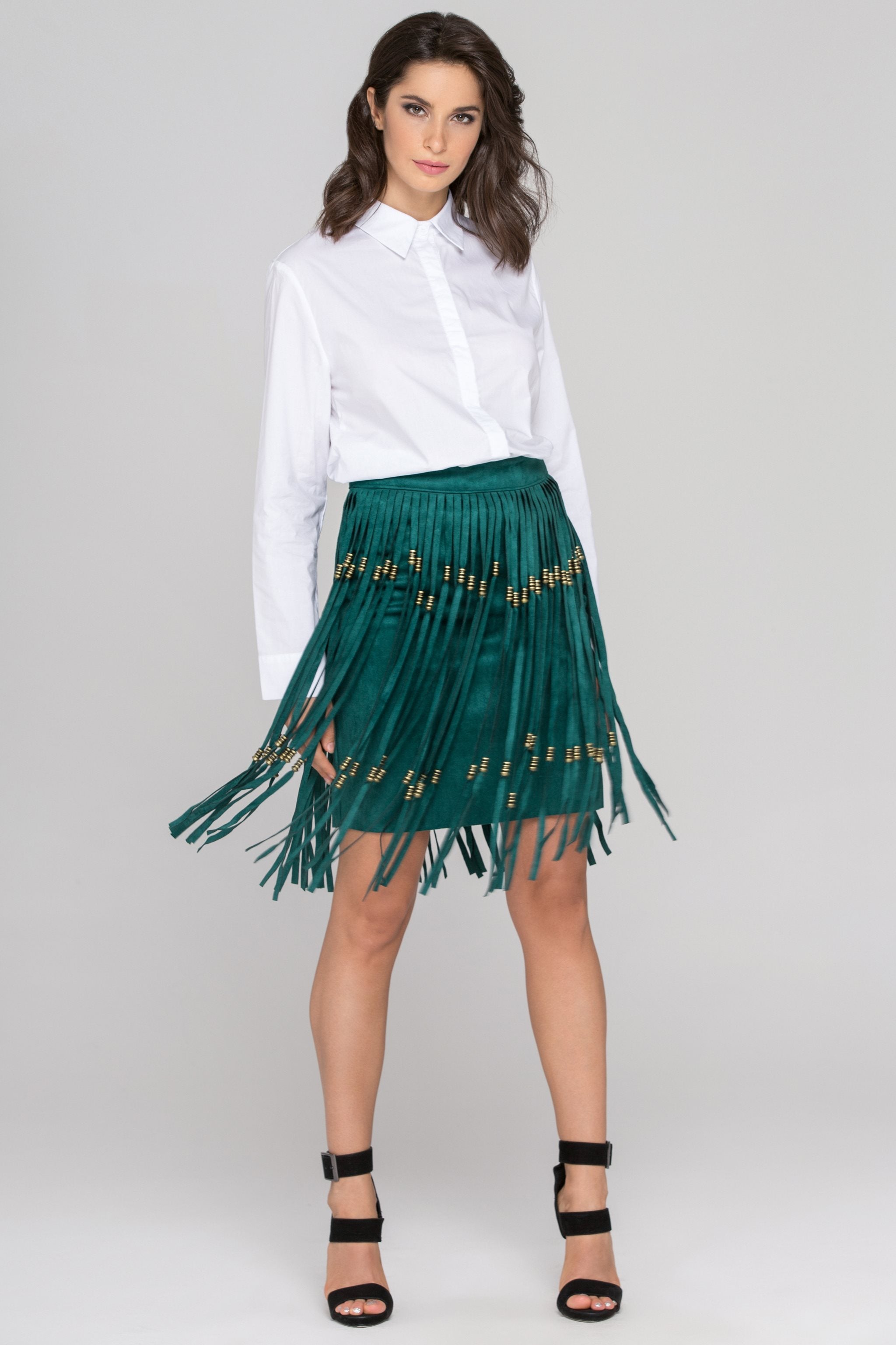 Green Suede Tassel Pencil Mini Skirt