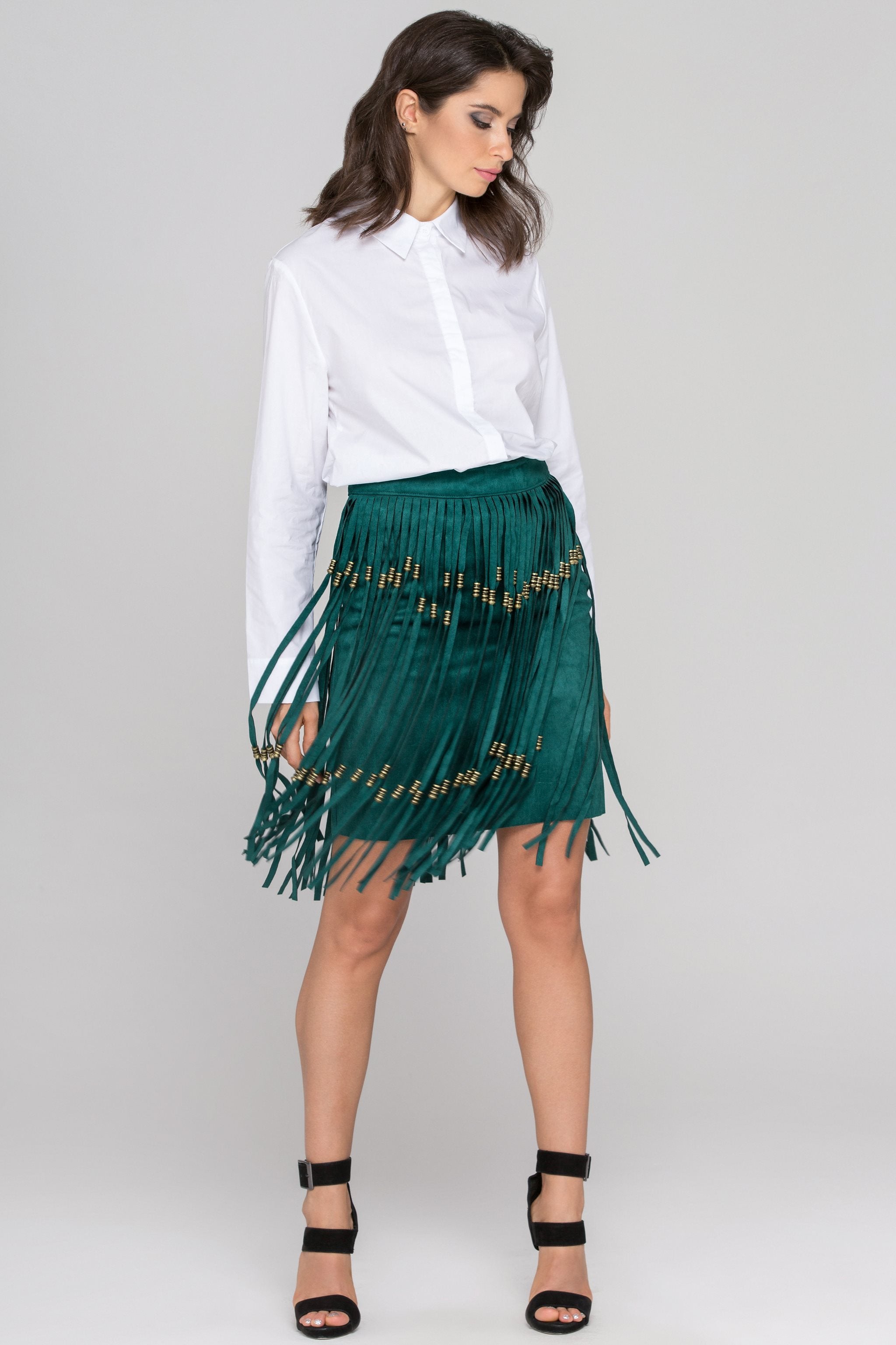 Green Suede Tassel Pencil Mini Skirt