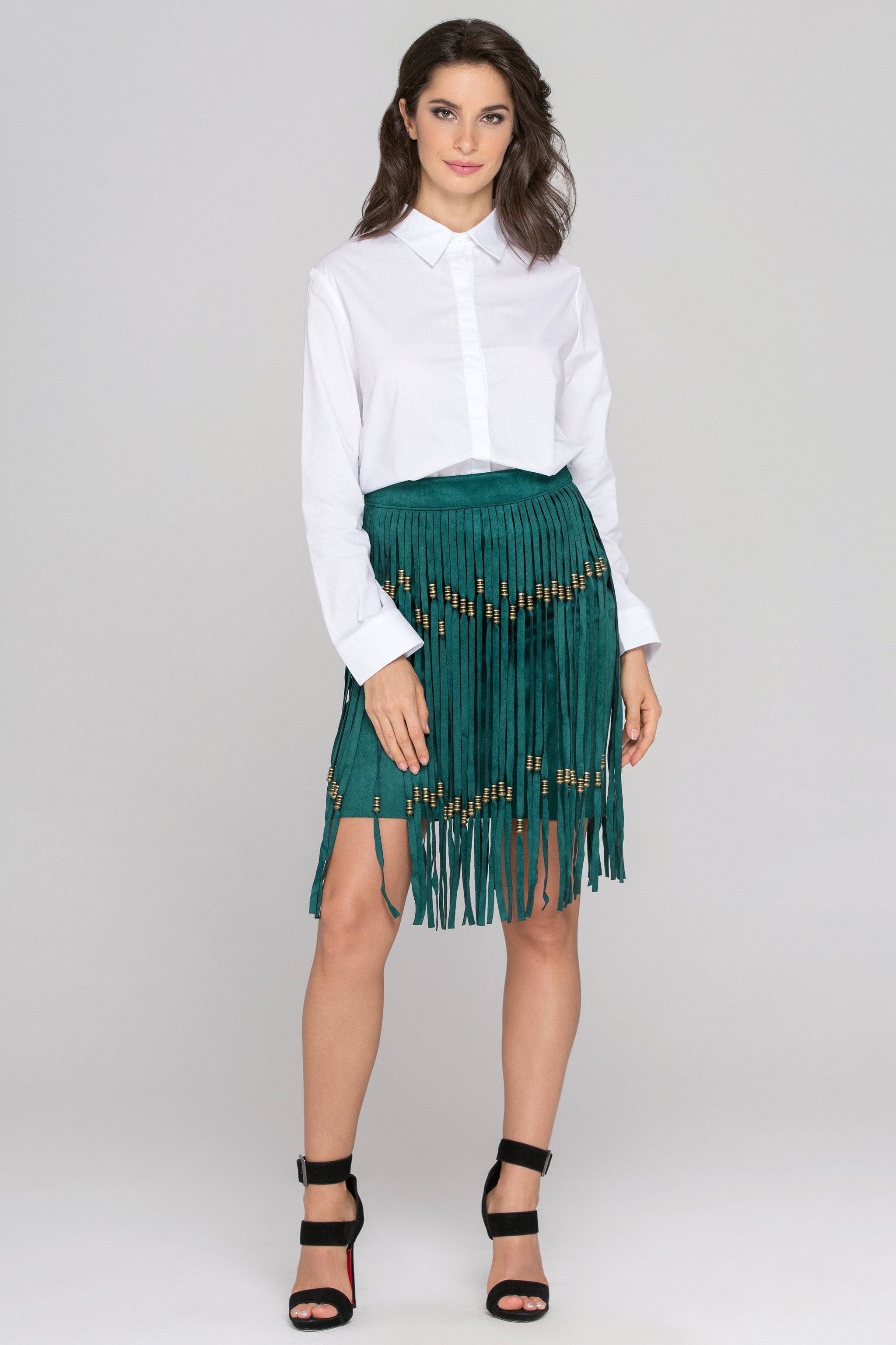 Green Suede Tassel Pencil Mini Skirt