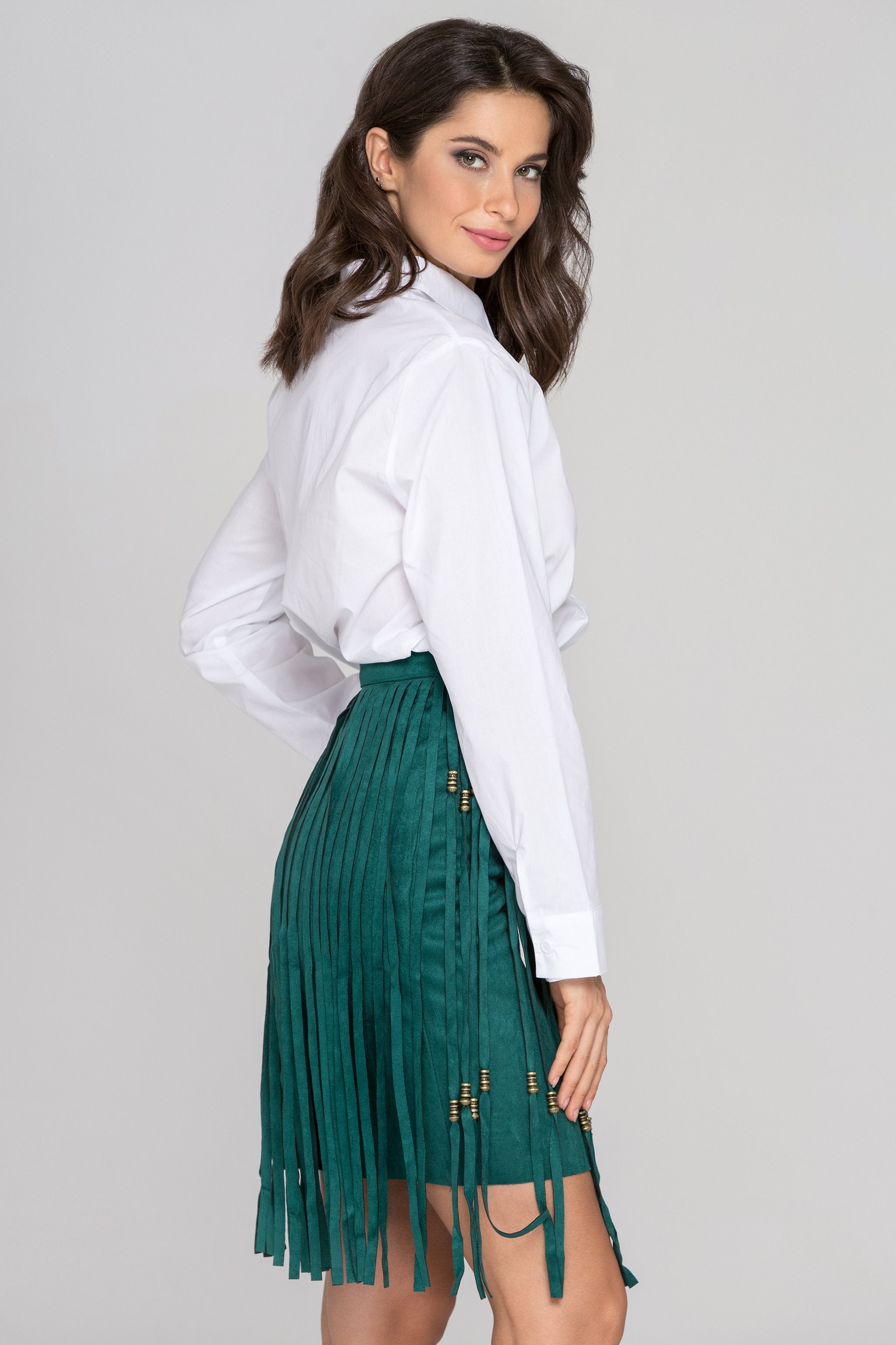 Green Suede Tassel Pencil Mini Skirt