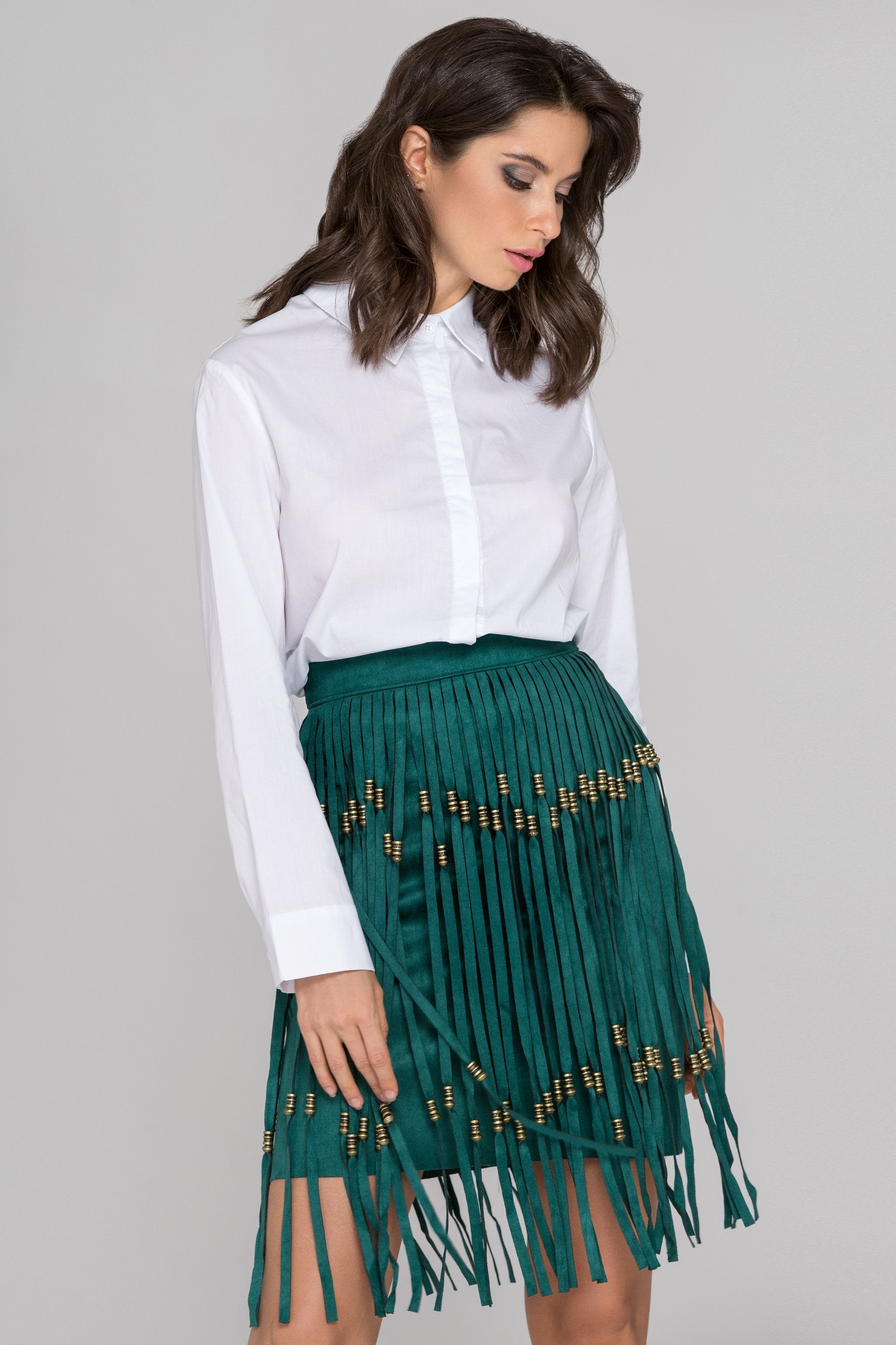 Green Suede Tassel Pencil Mini Skirt