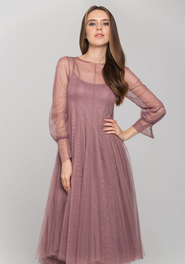 Nude Sheer Soft Tulle Layered Midi Dress