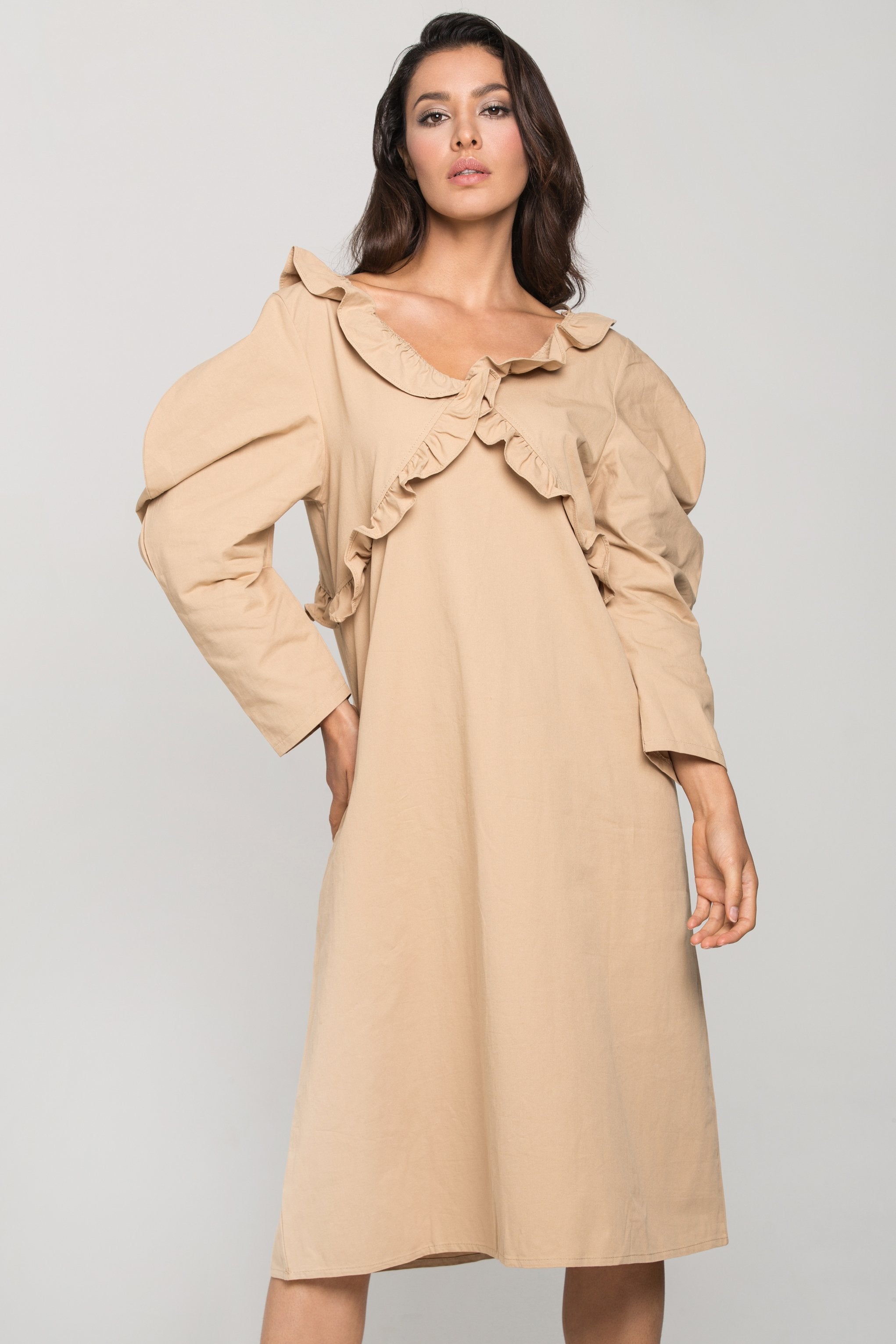 Nude Puff Sleeves Vintage Midi Dress