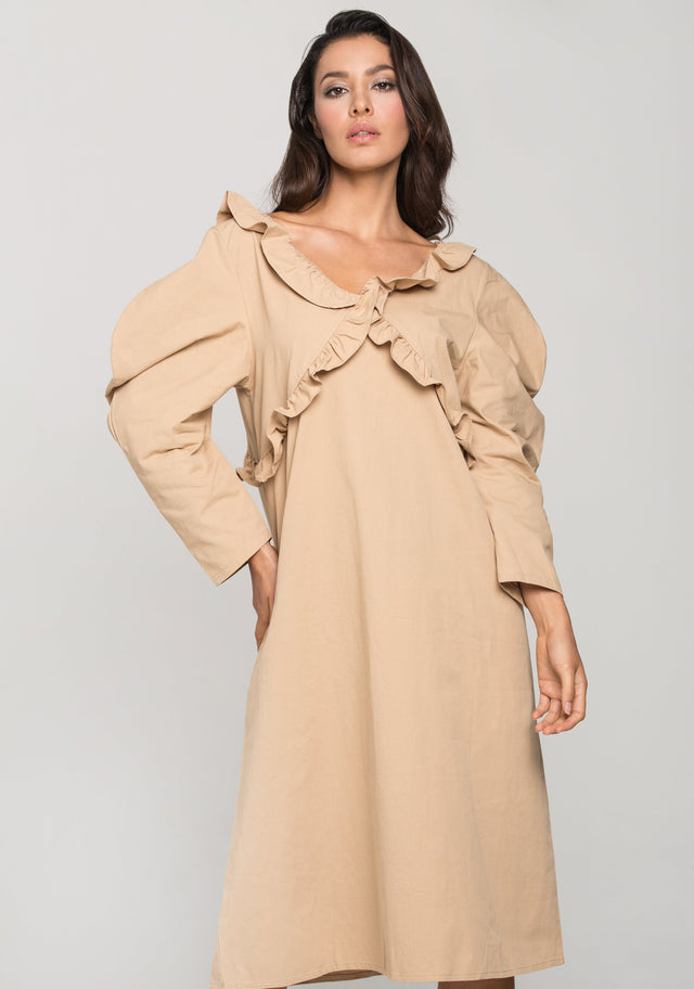 Nude Puff Sleeves Vintage Midi Dress