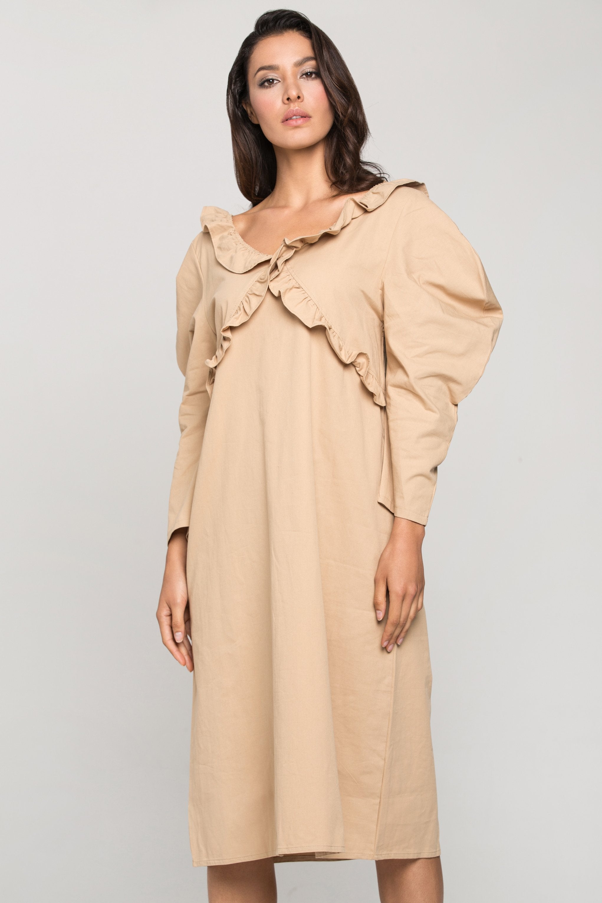 Nude Puff Sleeves Vintage Midi Dress