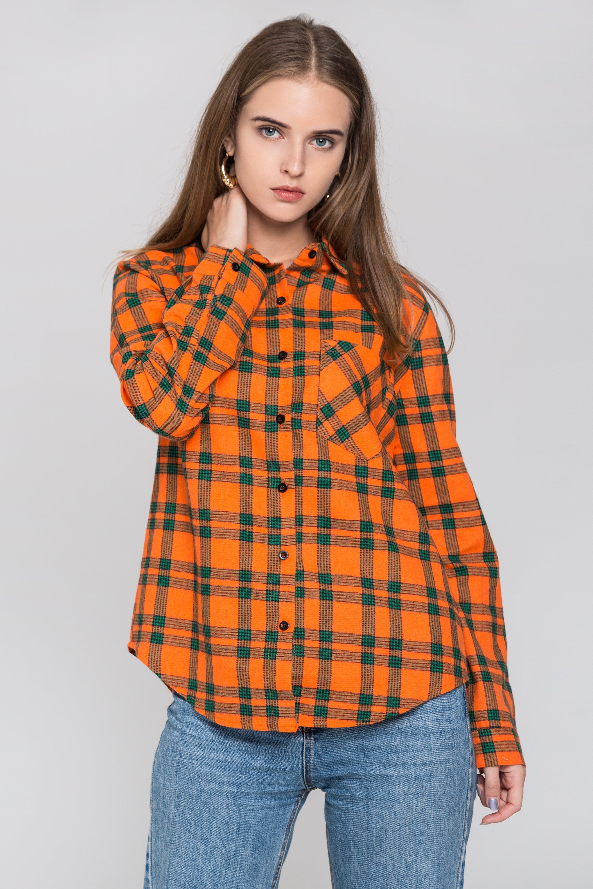 Orange and Green Plaid Shirt Top