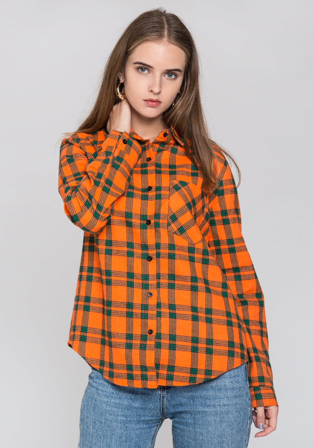 Orange and Green Plaid Shirt Top
