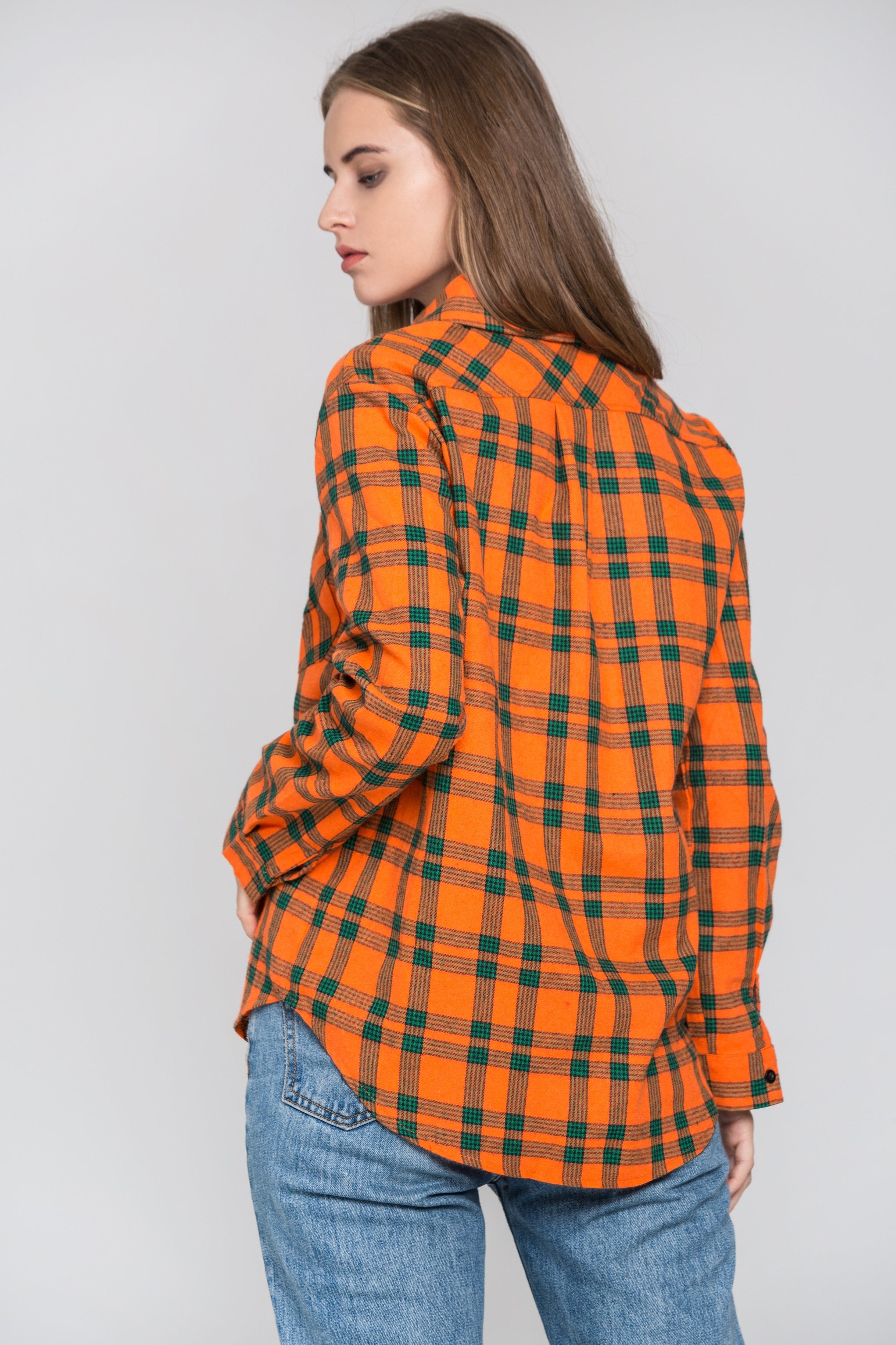 Orange and Green Plaid Shirt Top