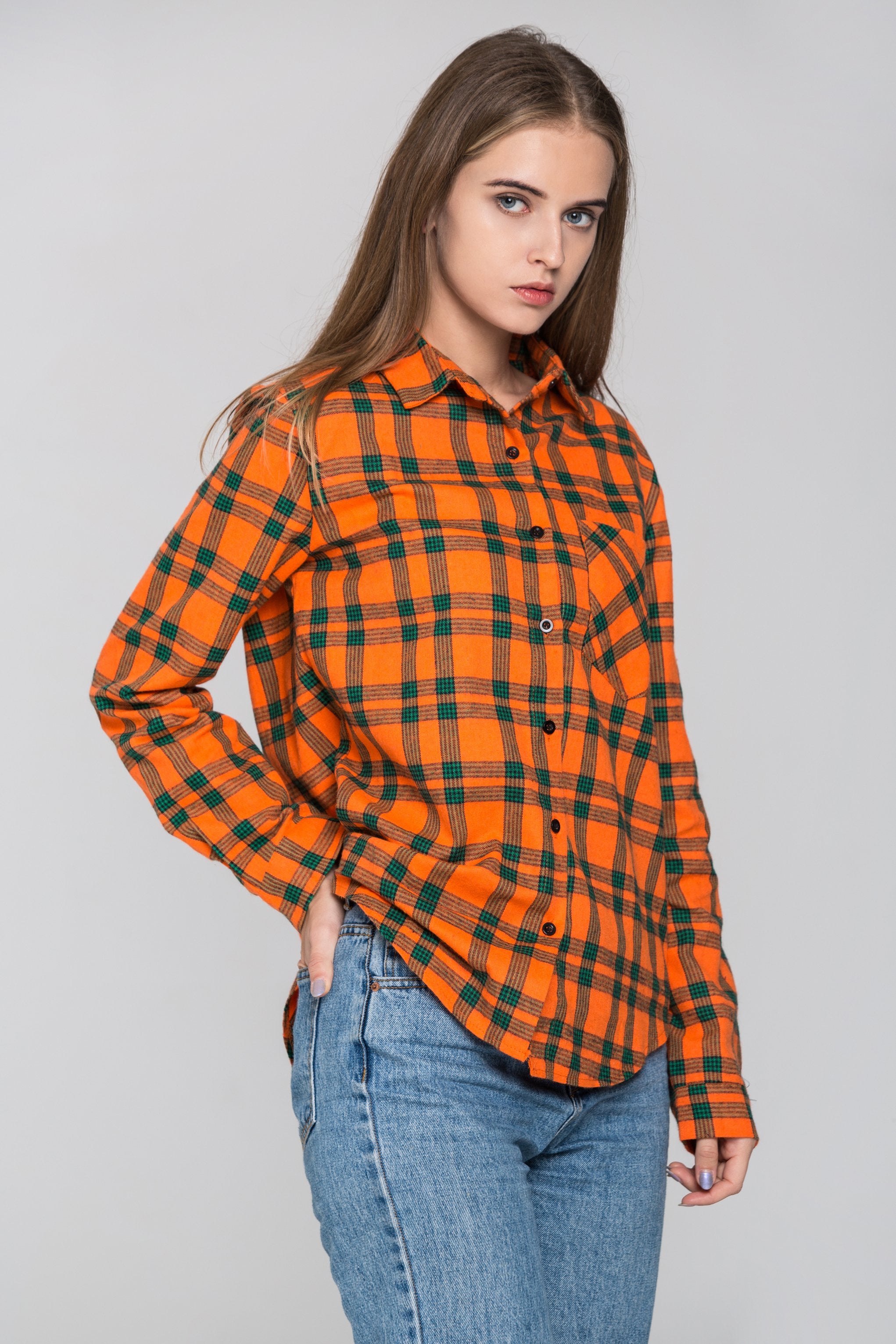 Orange and Green Plaid Shirt Top