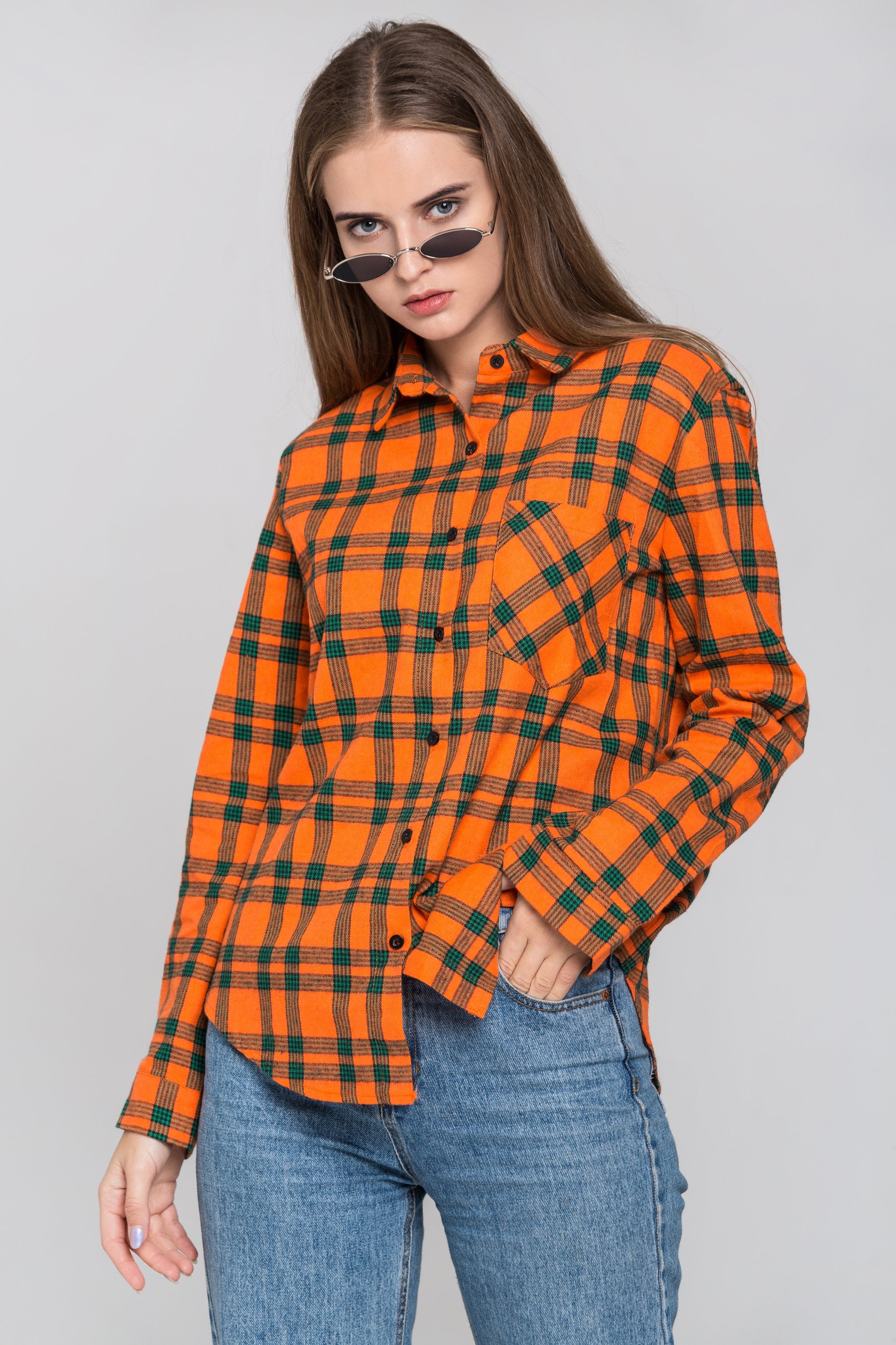 Orange and Green Plaid Shirt Top