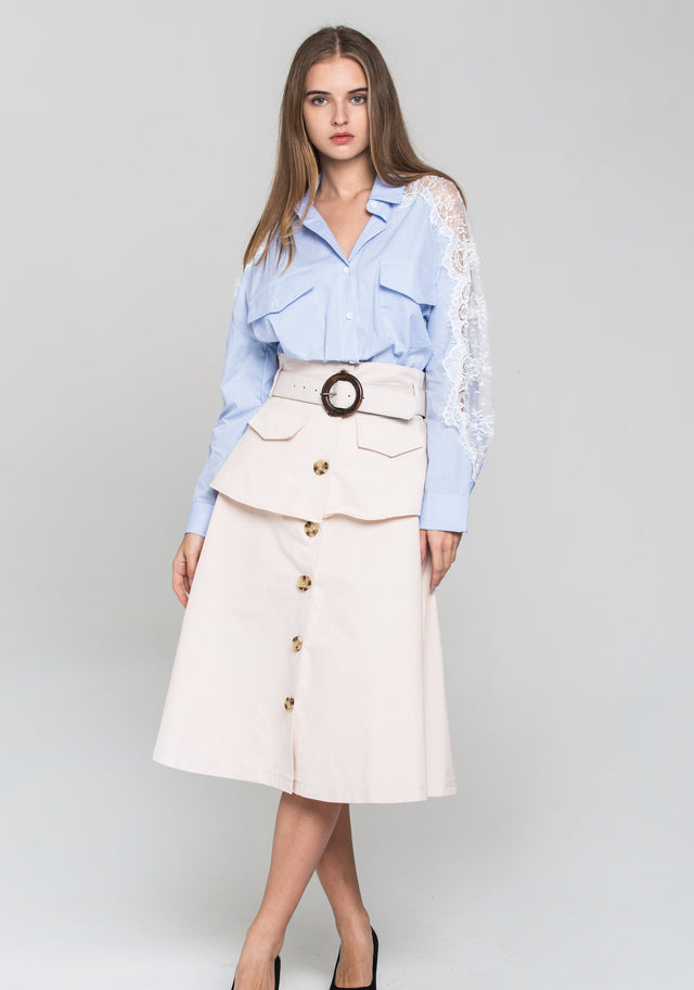 Peach Front Button Belted Skirt