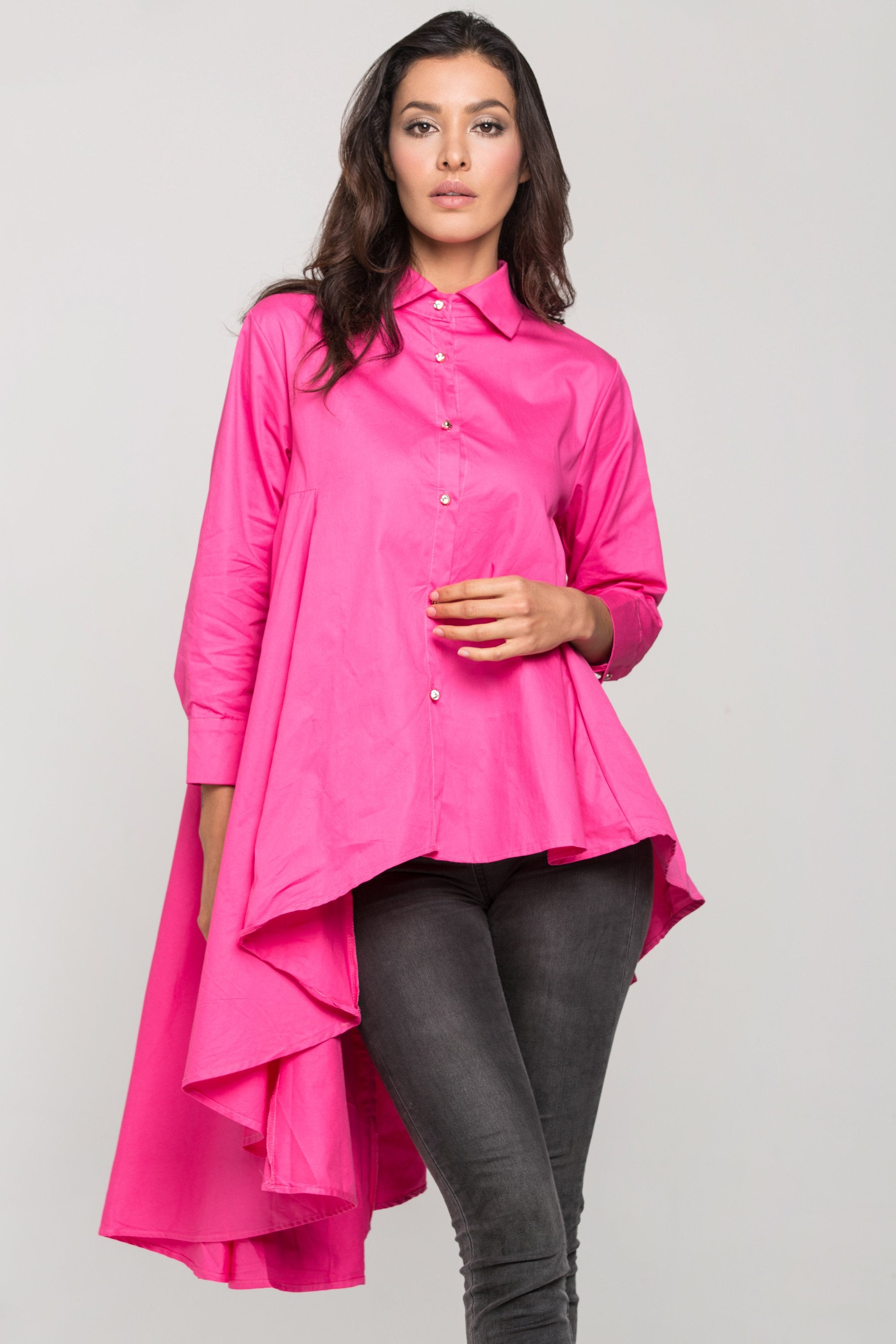 Pink High Low Tent Button Up Top