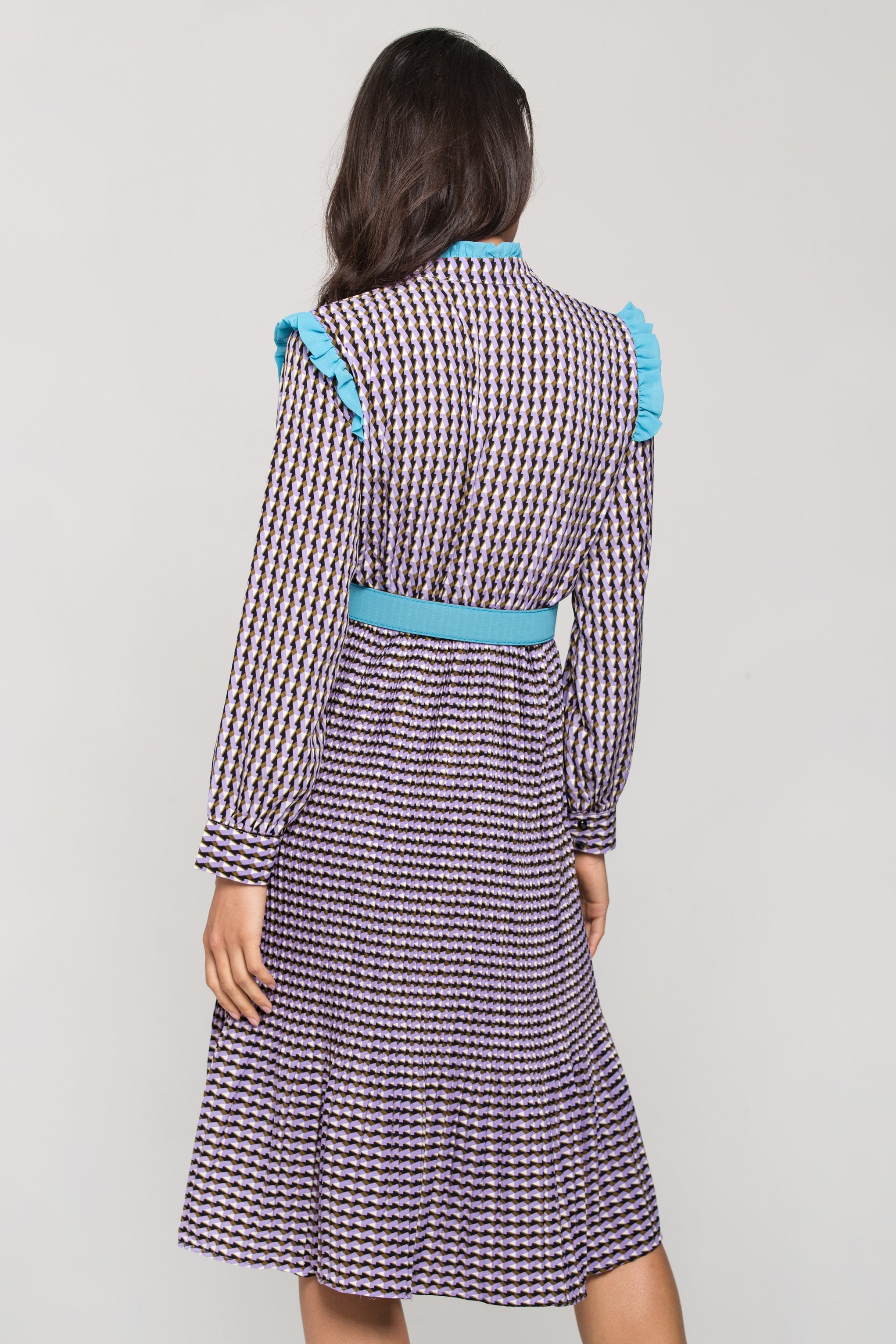 Purple Print Vintage Pleated Midi Dress