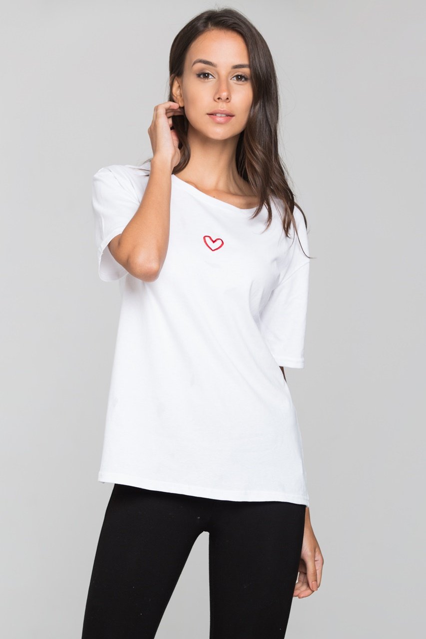 White Over-sized T-shirt with Single Heart Embroidery