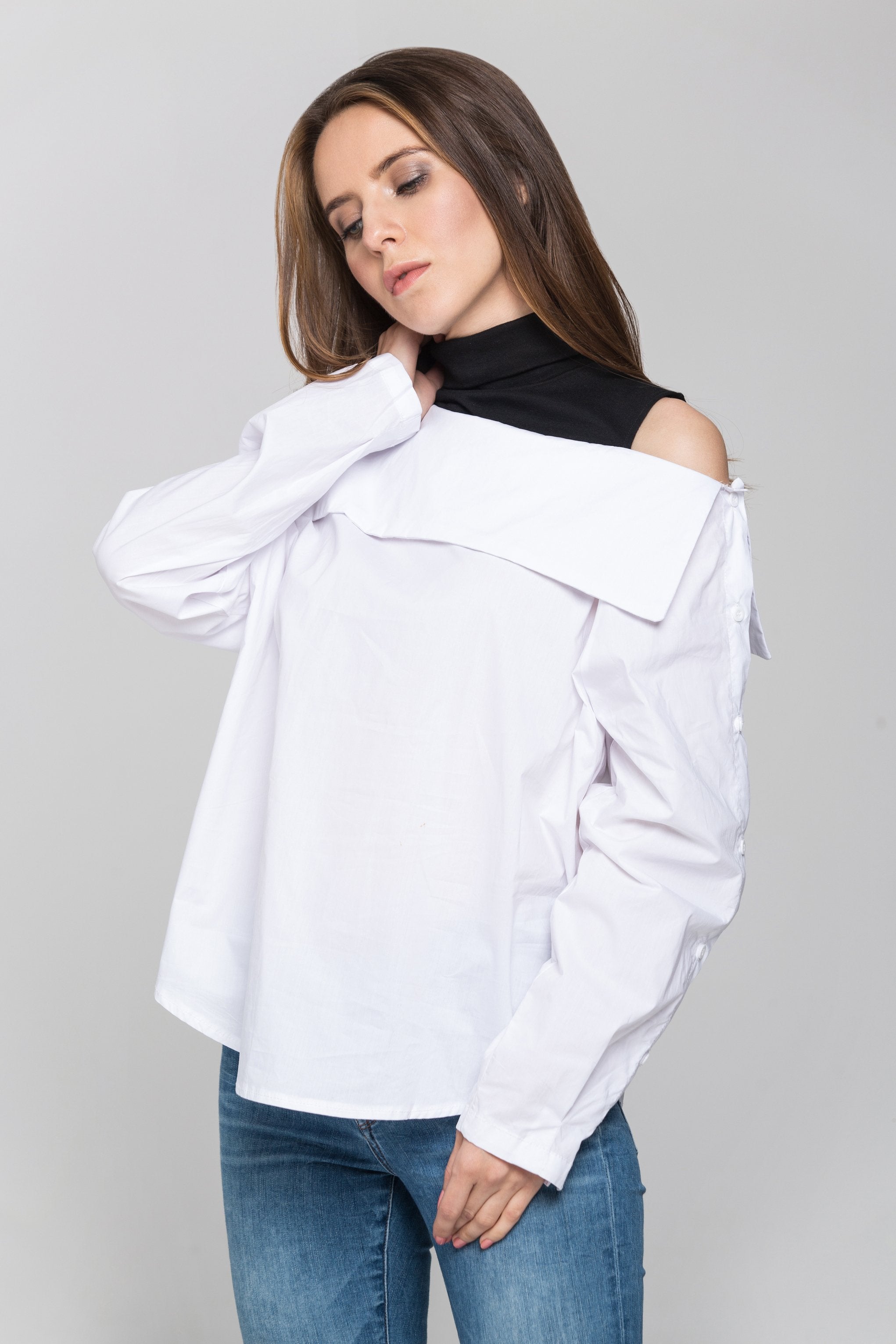 Black Turtle Neck Cold Shoulder Panel Top