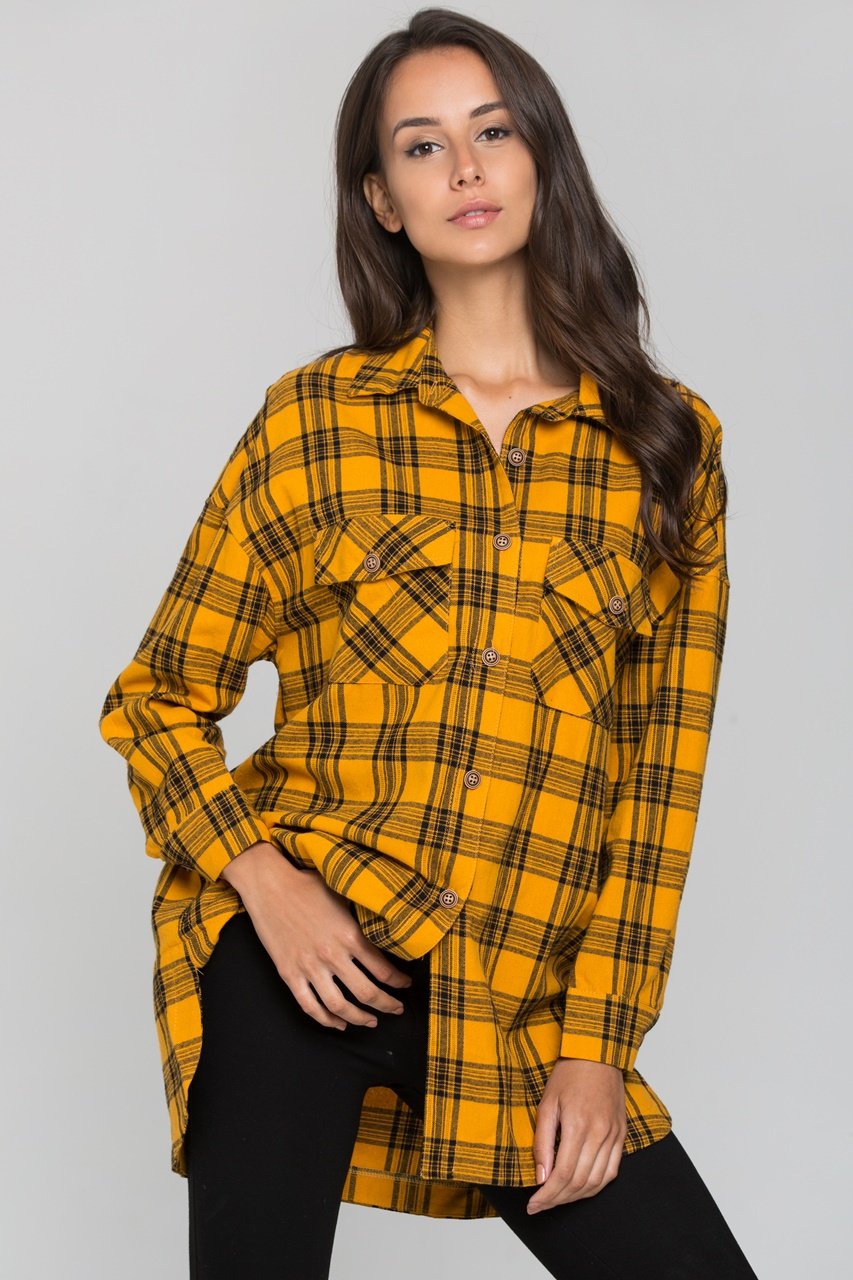 Yellow and Black Plaid Button Up Top