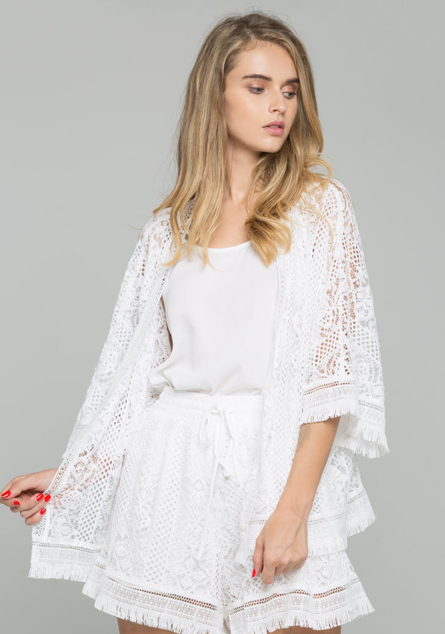 3-Piece White Lace Chiffon Fringe Hem Top and Drawstring Waist Short Set
