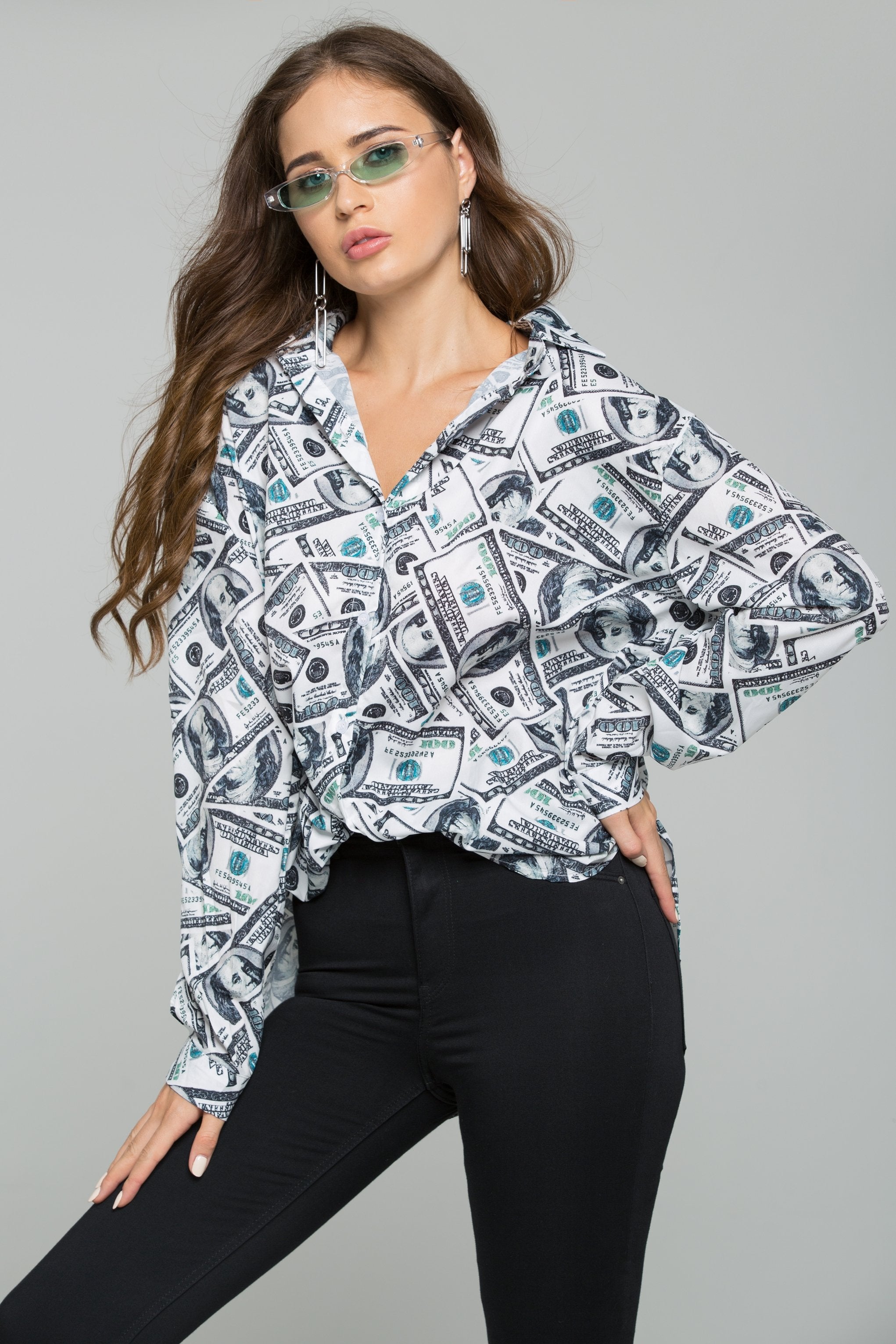 All-Over Dollar Money Bill Print Long Sleeved Shirt
