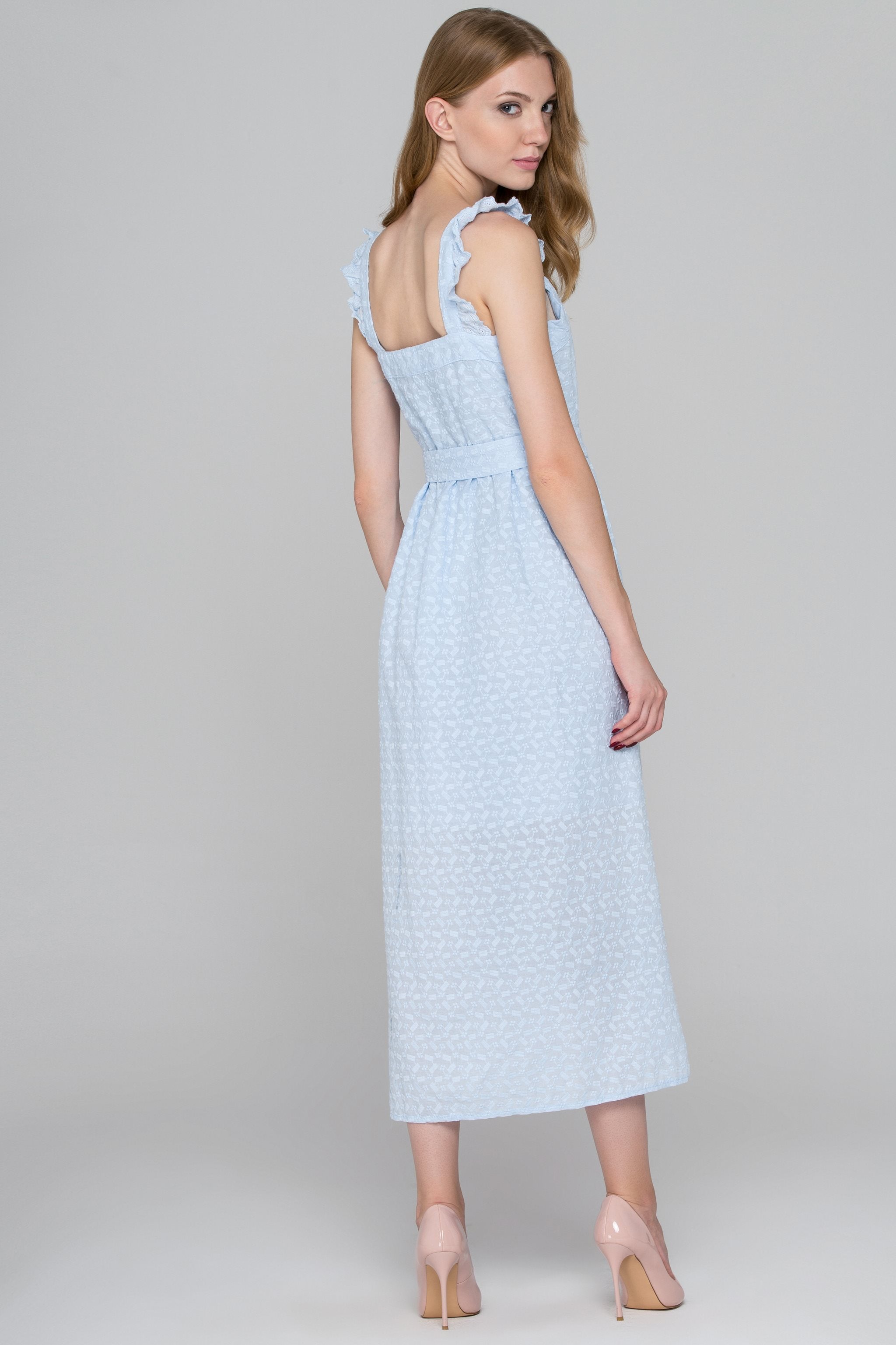 Baby Blue Eyelet Button Up Midi Dress