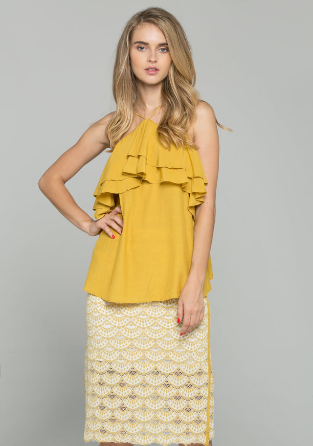 Beige Cold Shoulder Ruffled Top and Lace Double Side Slit Pencil Skirt Set