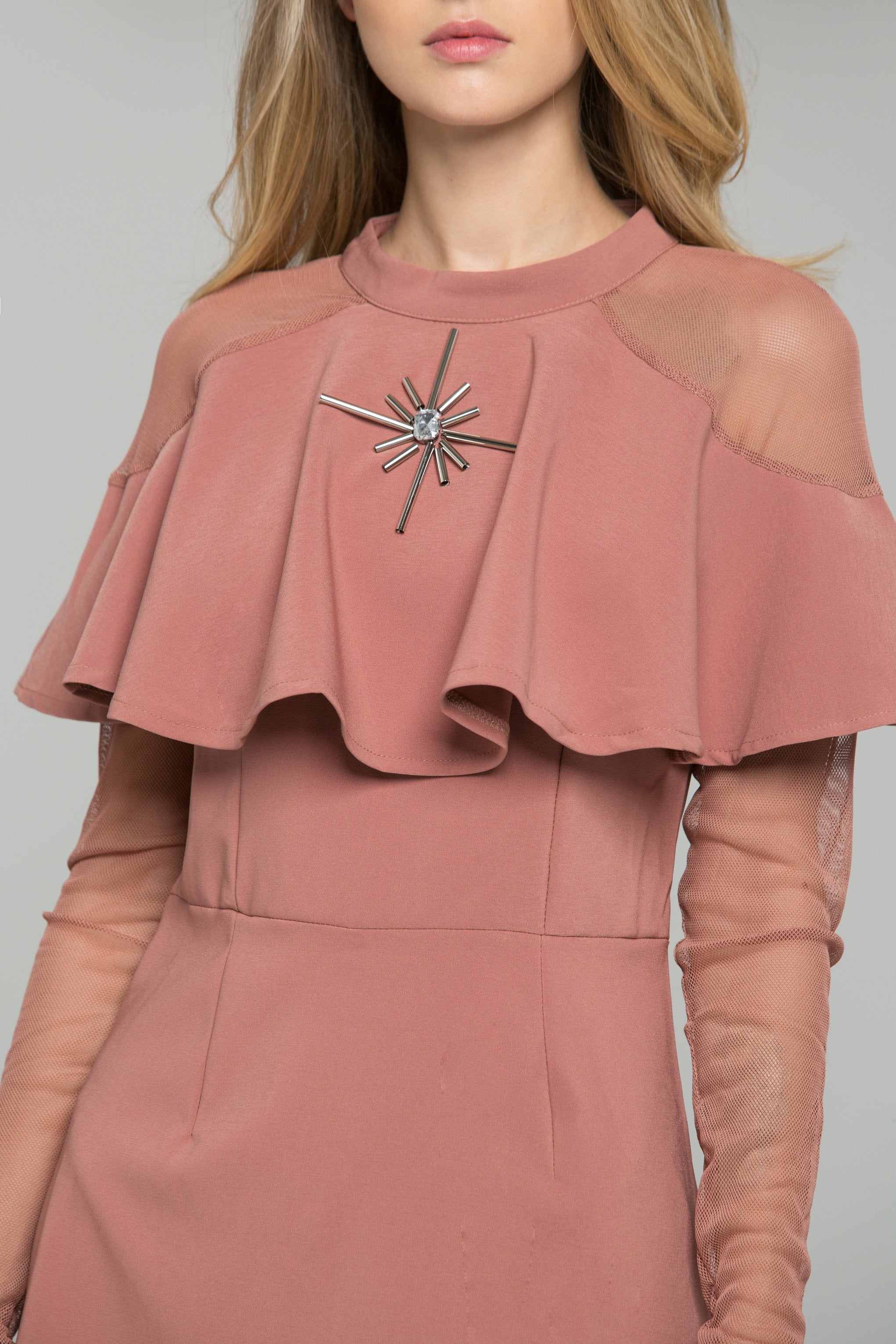 Beige Lycra Mesh Capelet Collar with Metallic Detail Co-ord Mini Dress