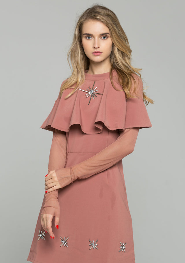 Beige Lycra Mesh Capelet Collar with Metallic Detail Co-ord Mini Dress