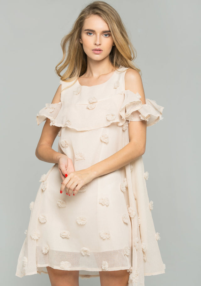 Beige Silk Sheer Pom Pom Detail Ruffled Sleeveless Top