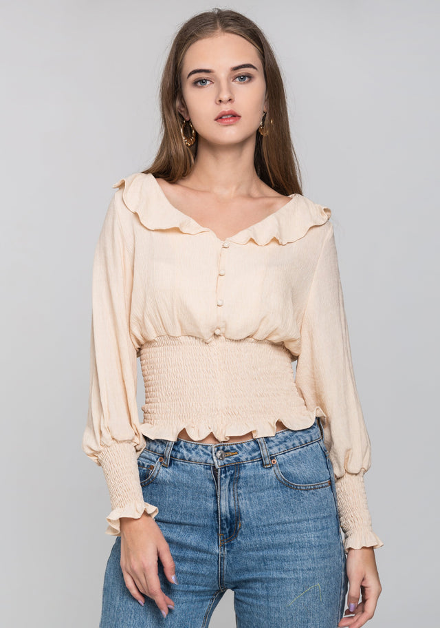 Beige Smocked Waist Ruffle Collar Blouson Top