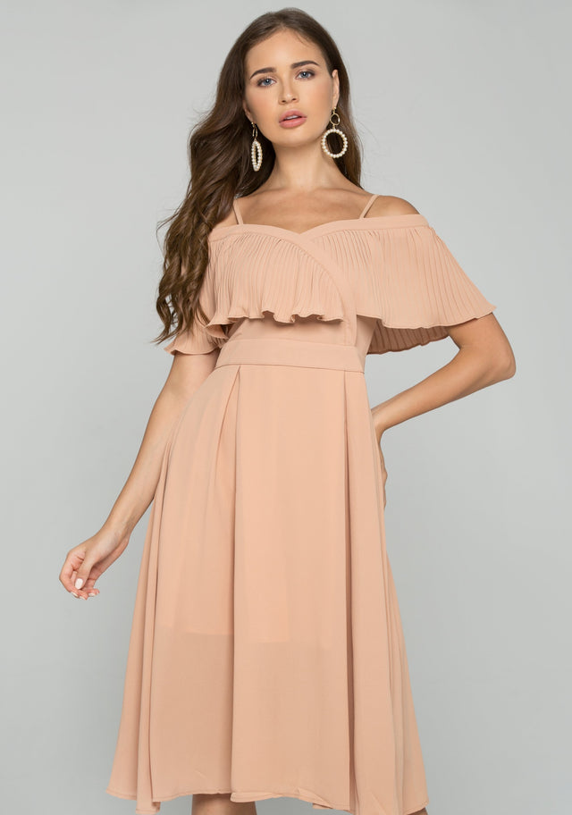 Beige Spaghetti Strap Front Ribbed Ruffle Trim Mini Dress