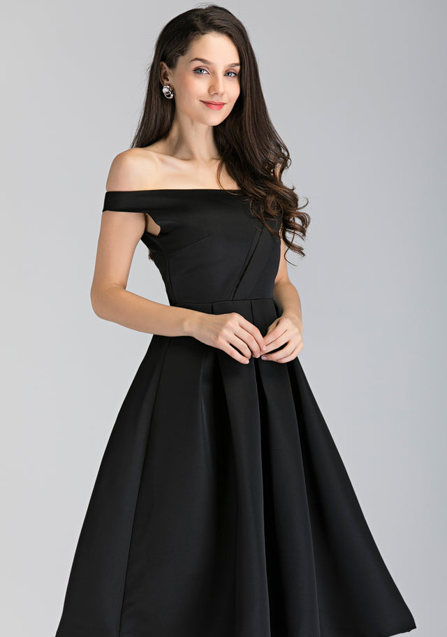 Black Asymmetric Strap Midi Ball Dress