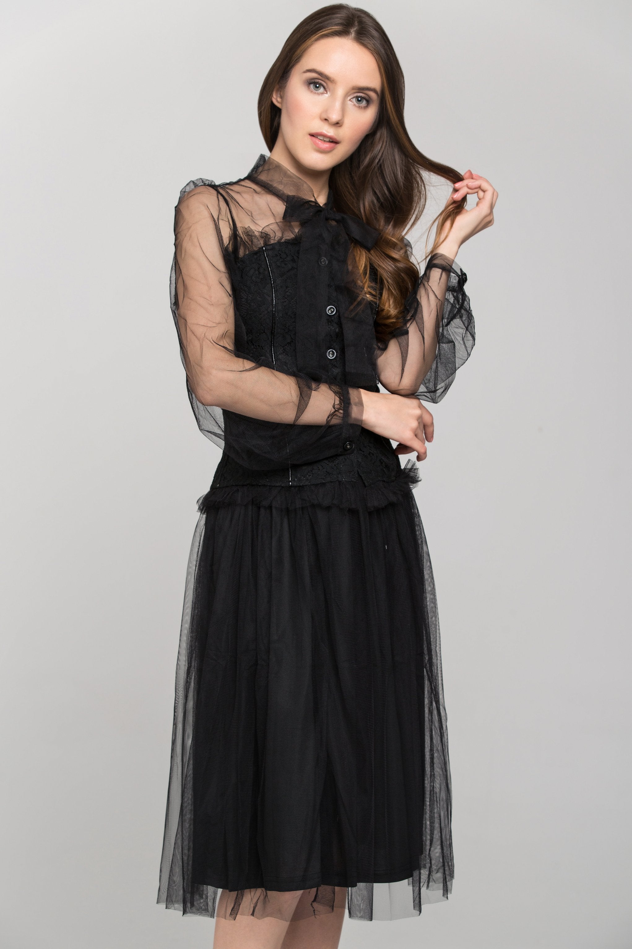 Black Burlesque Soft Tulle Two Piece Midi Dress