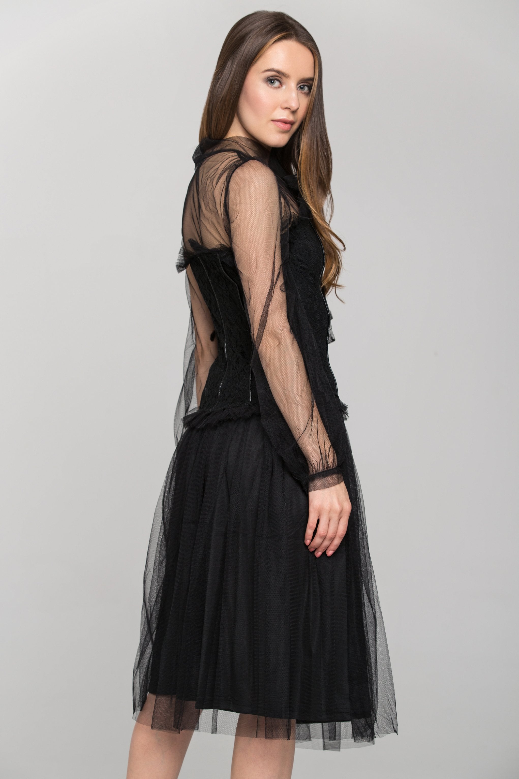 Black Burlesque Soft Tulle Two Piece Midi Dress