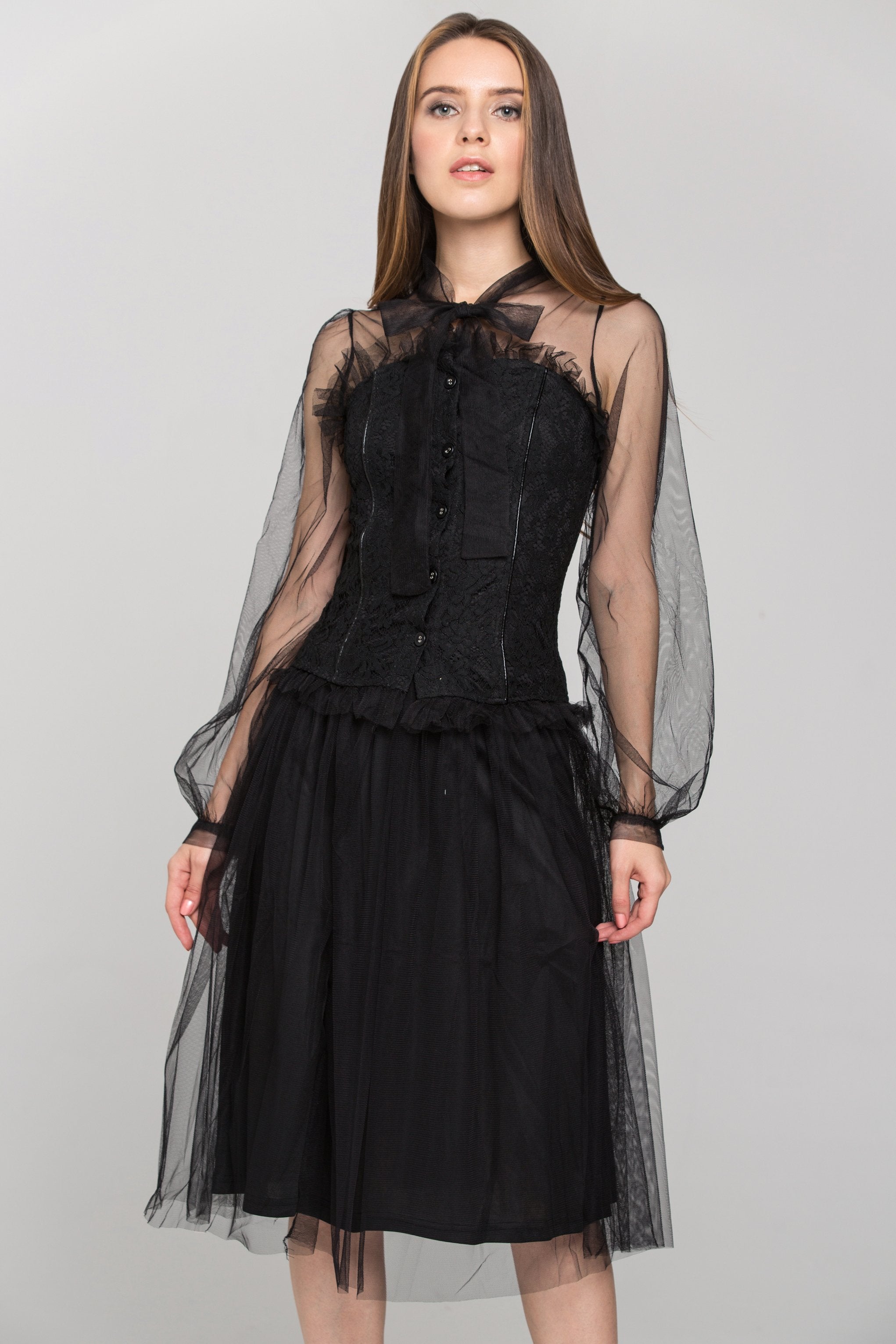 Black Burlesque Soft Tulle Two Piece Midi Dress