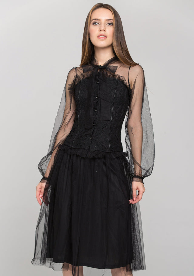Black Burlesque Soft Tulle Two Piece Midi Dress