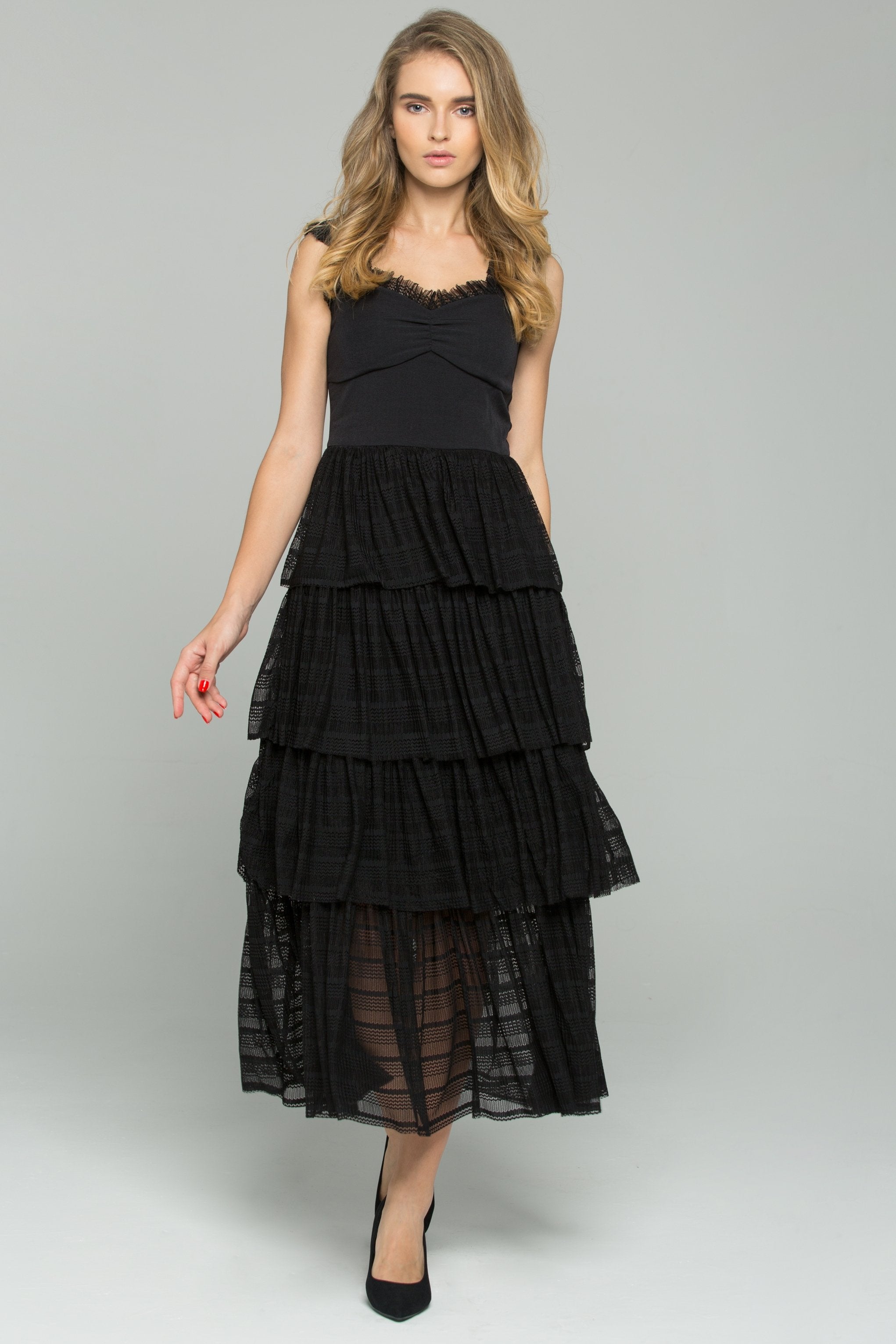 Black Bustier Tiered Lace Midi Dress
