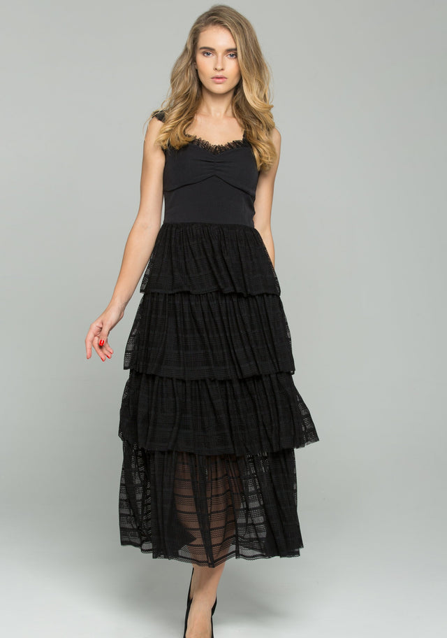 Black Bustier Tiered Lace Midi Dress