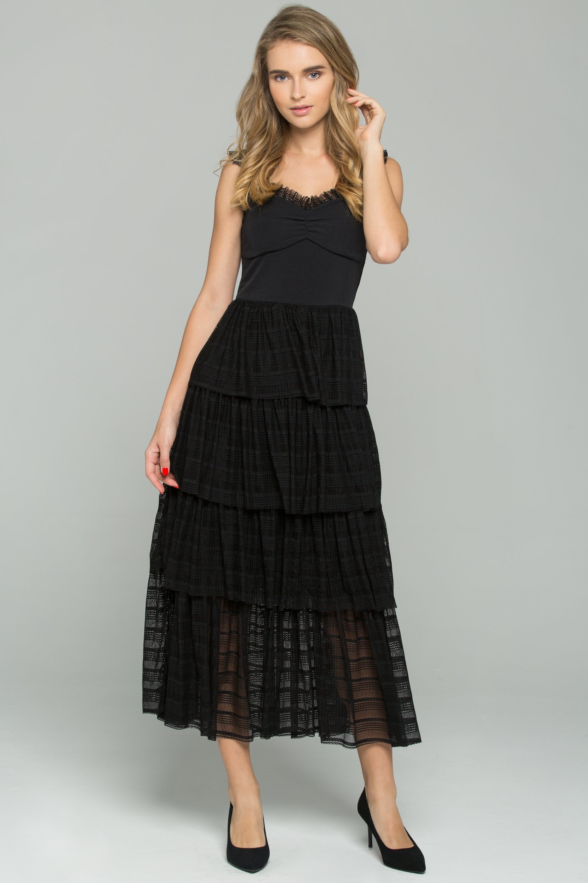 Black Bustier Tiered Lace Midi Dress