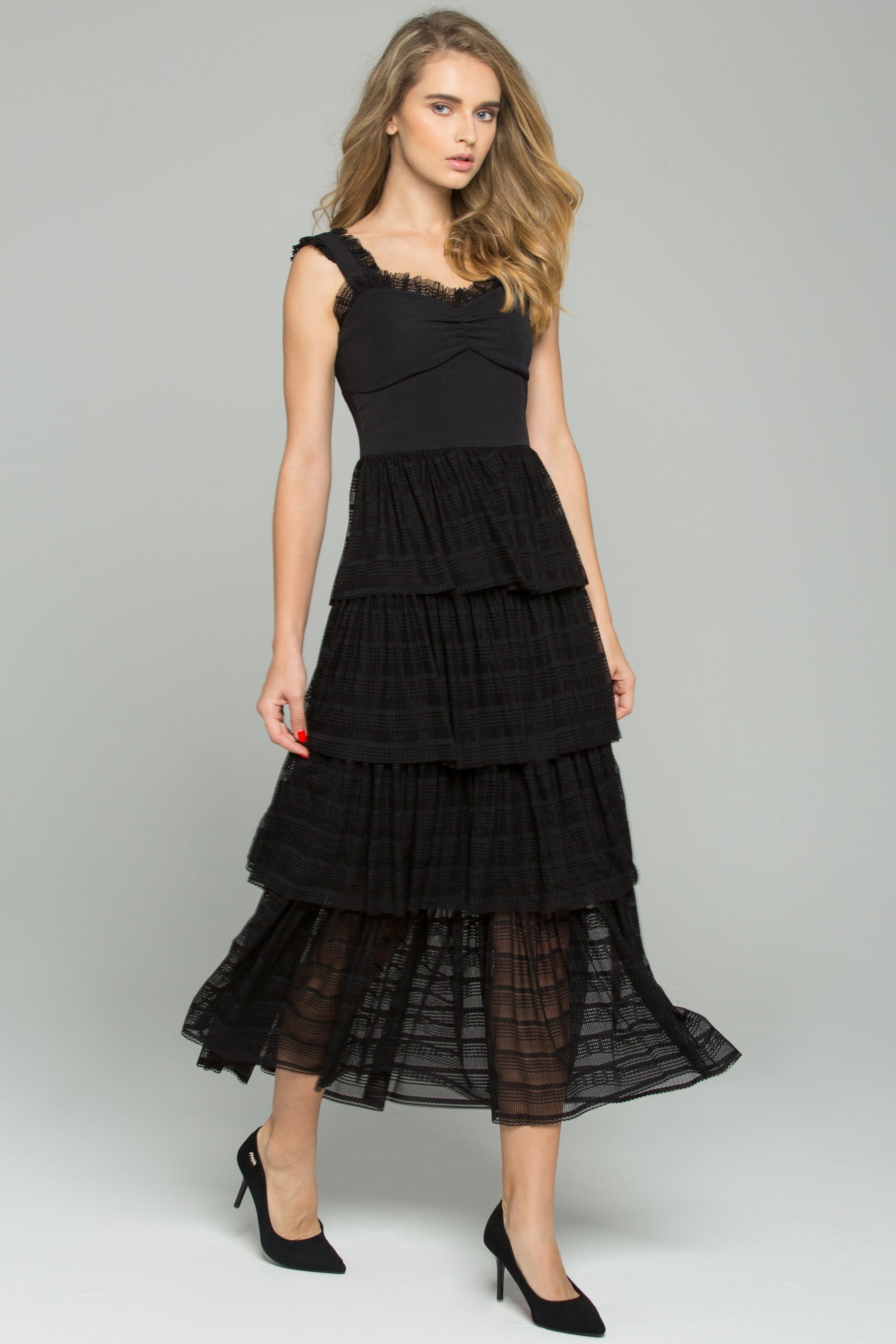 Black Bustier Tiered Lace Midi Dress